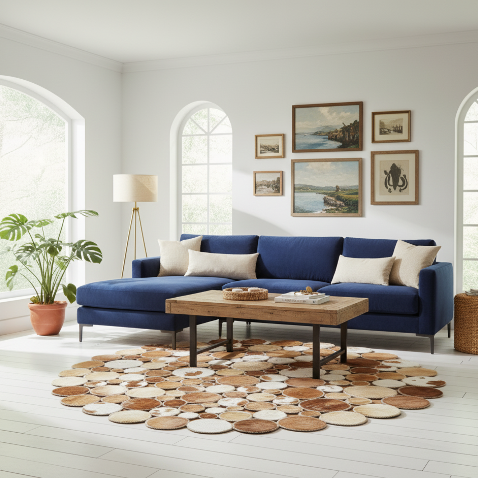 Round Polkadot Cowhide Rug, Handmade Patchwork Leather Carpet