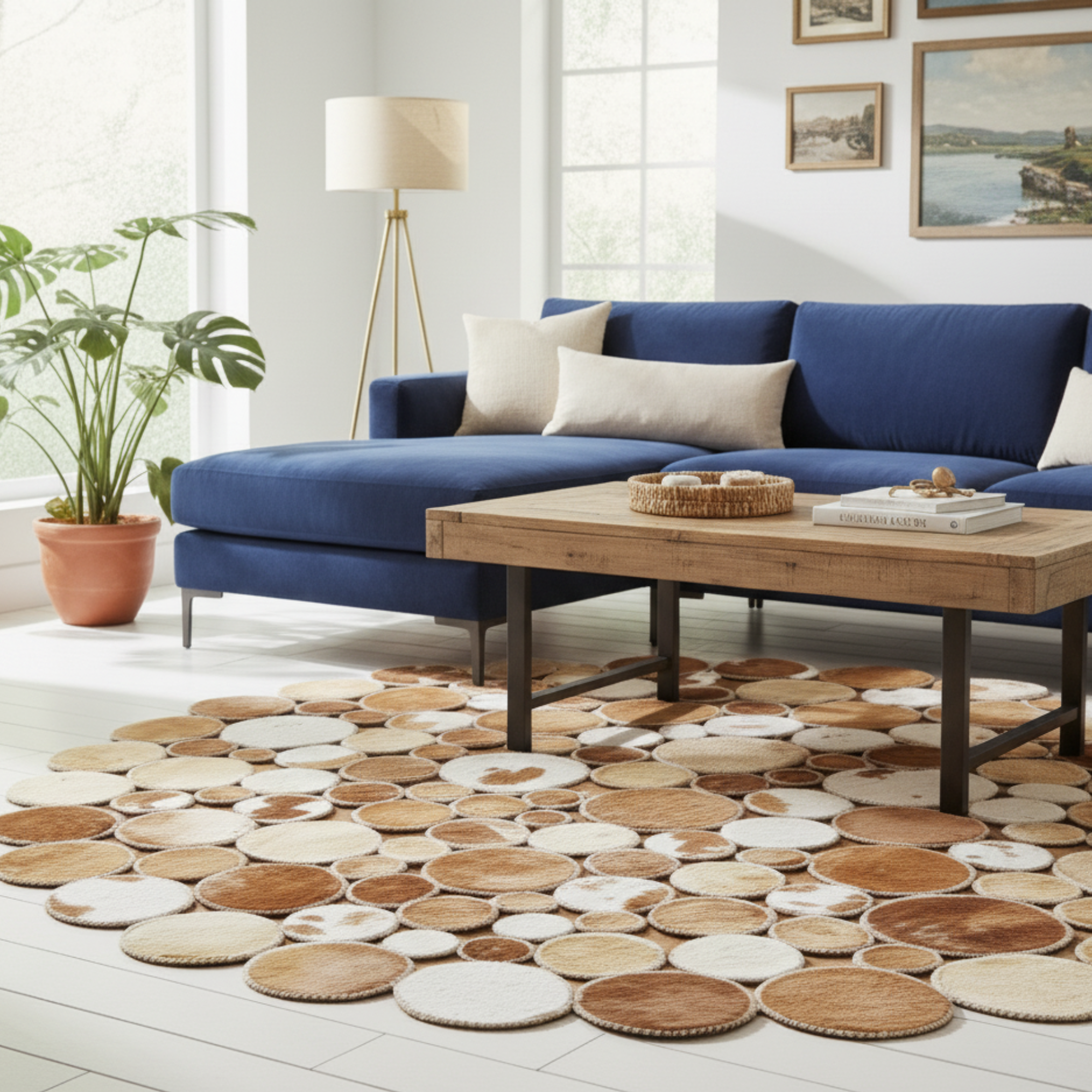 Round Polkadot Cowhide Rug, Handmade Patchwork Leather Carpet
