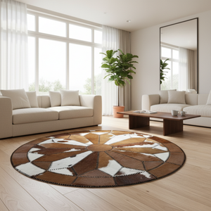 Round brown and white cowhide patchwork rug