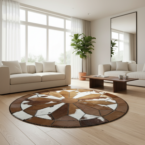 Round cowhide patchwork rug detail