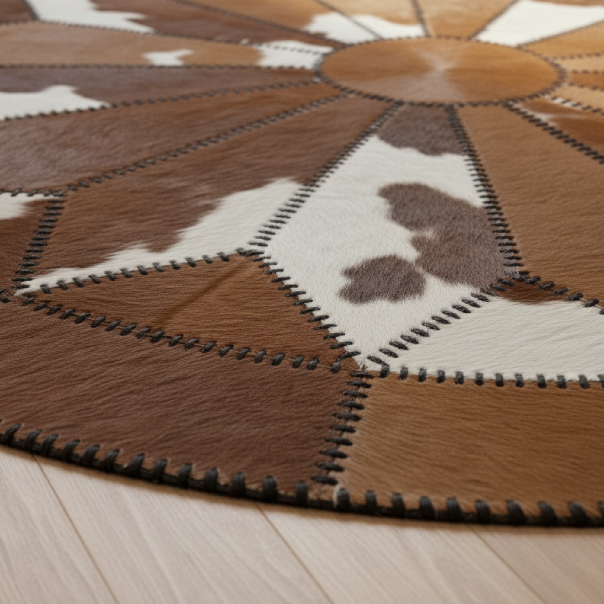Round cowhide patchwork rug in room