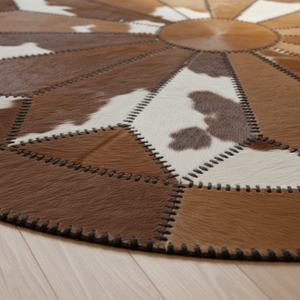Round cowhide patchwork rug in room