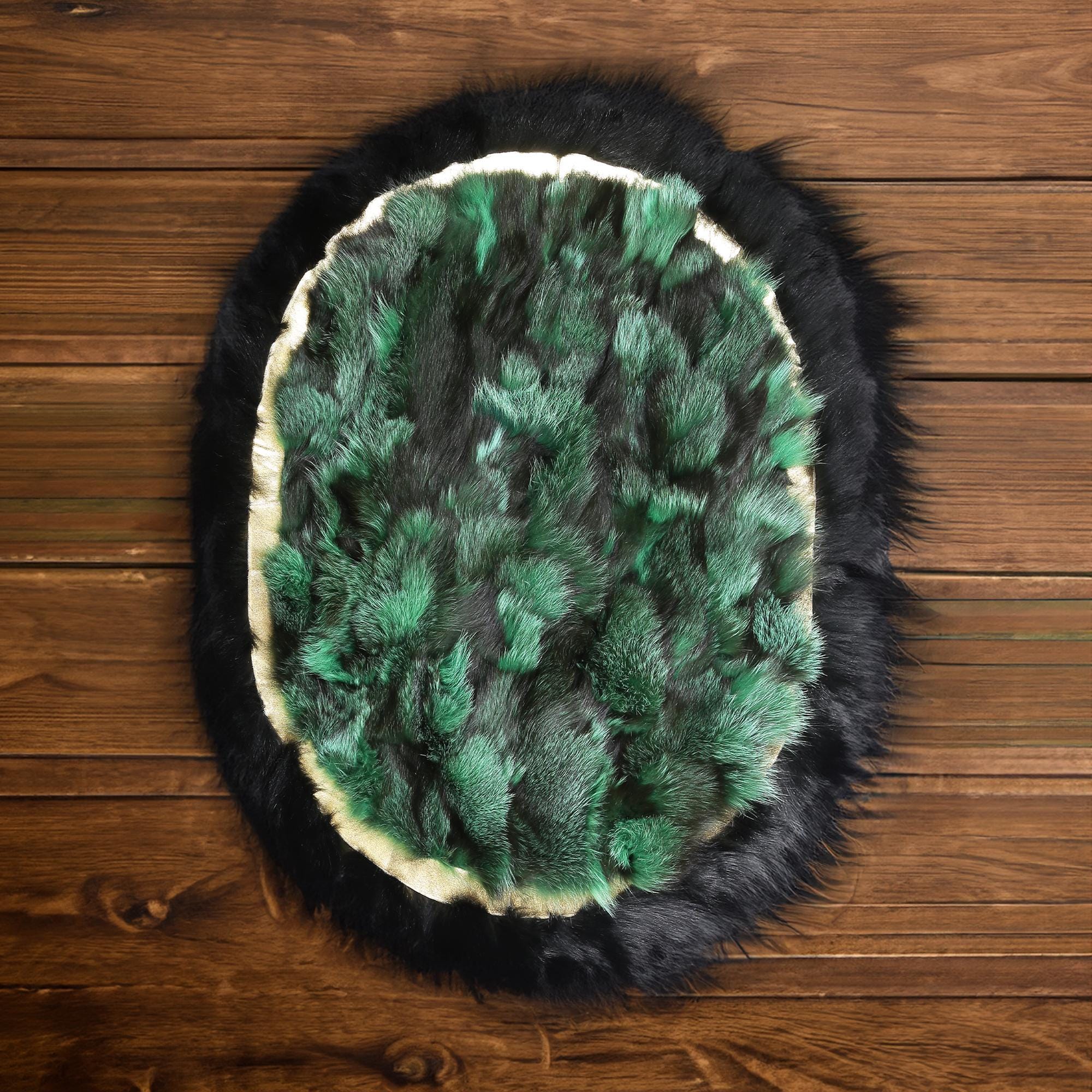 Round Rug Fur Handmade Round Fox Fur Rug – Luxury Green and Black Natural Fur Carpet ...