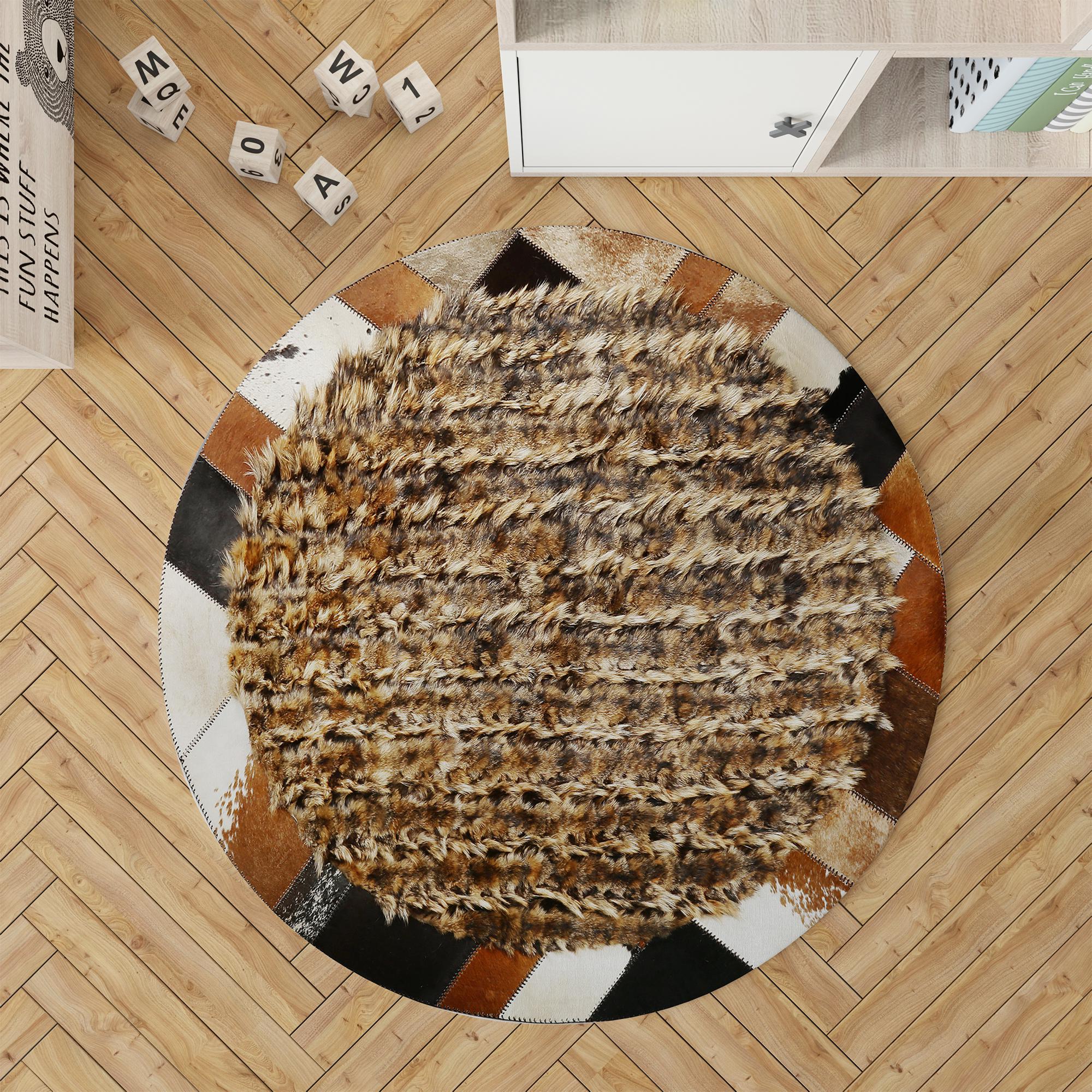 Furry Circle Rug Round Fox Fur and Cowhide Rug, Handmade Natural Fur Circle Carpet ...