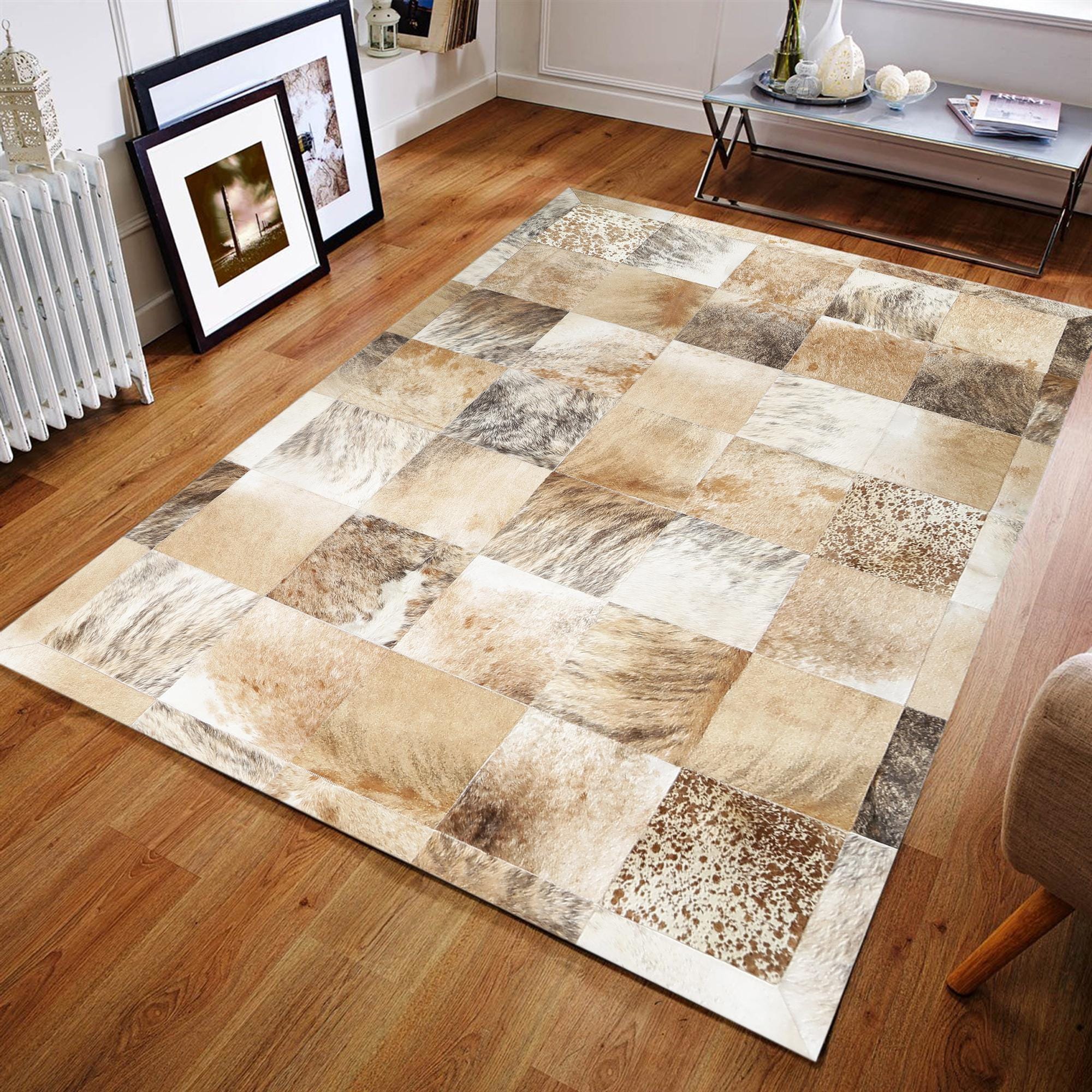 Beige Cowhide Patchwork Rug, Handmade Genuine Leather Carpet, Natural Brown and Cream Cowhide Area Rug for Living Room Decor