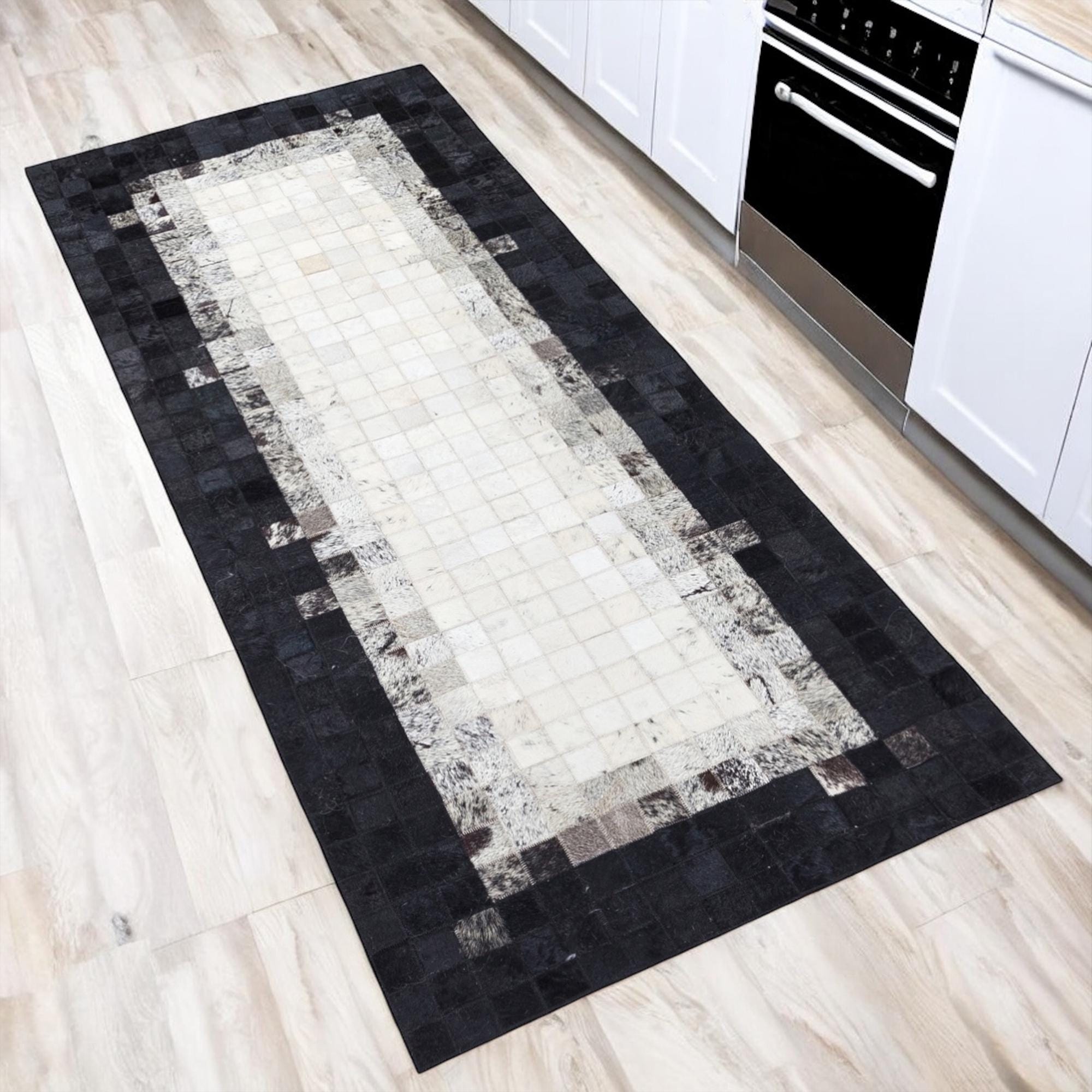 White & Grey Cowhide Rug with Black Border