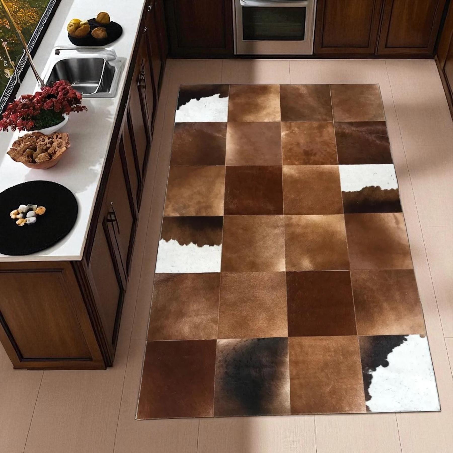 Brown and White Cowhide Patchwork Rug, Handmade Leather Area Rug for Living Room or Kitchen, Custom Size Natural Cow Skin Carpet