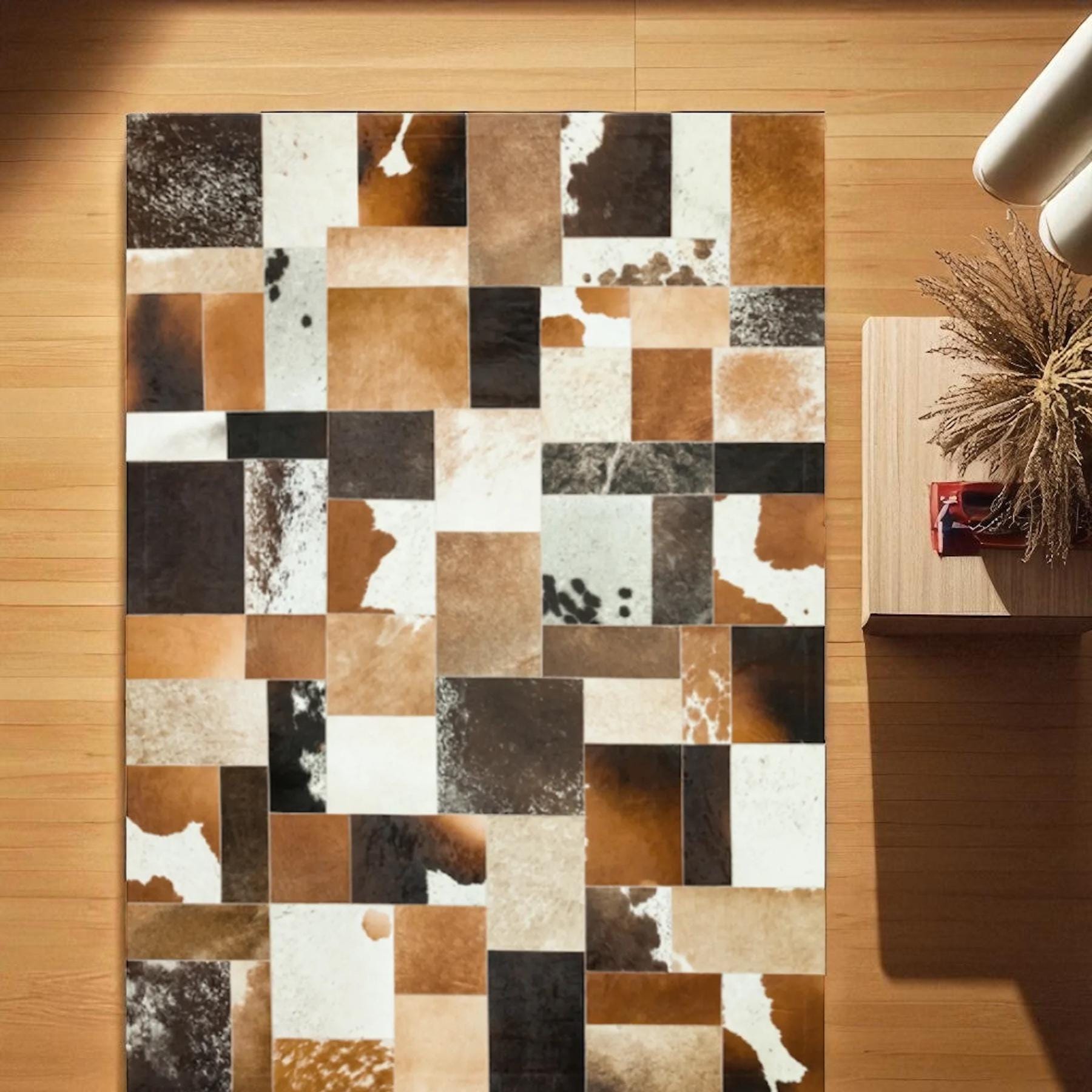Brown and White Cowhide Patchwork Rug, Natural Leather Area Rug for Farmhouse & Rustic Home Decor, Handmade Custom Size Cowhide Carpet