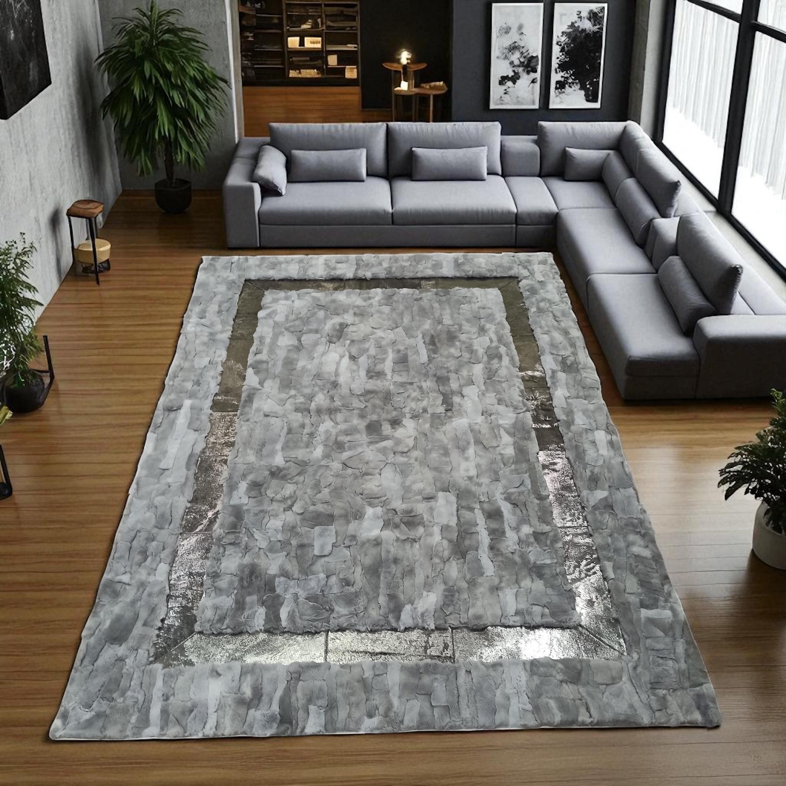 Gray Rabbit Fur Rug with Shiny Border, Soft Rex Rabbit Carpet, Custom Size Rectangular Area Rug, Luxury Fur Living Room Rug