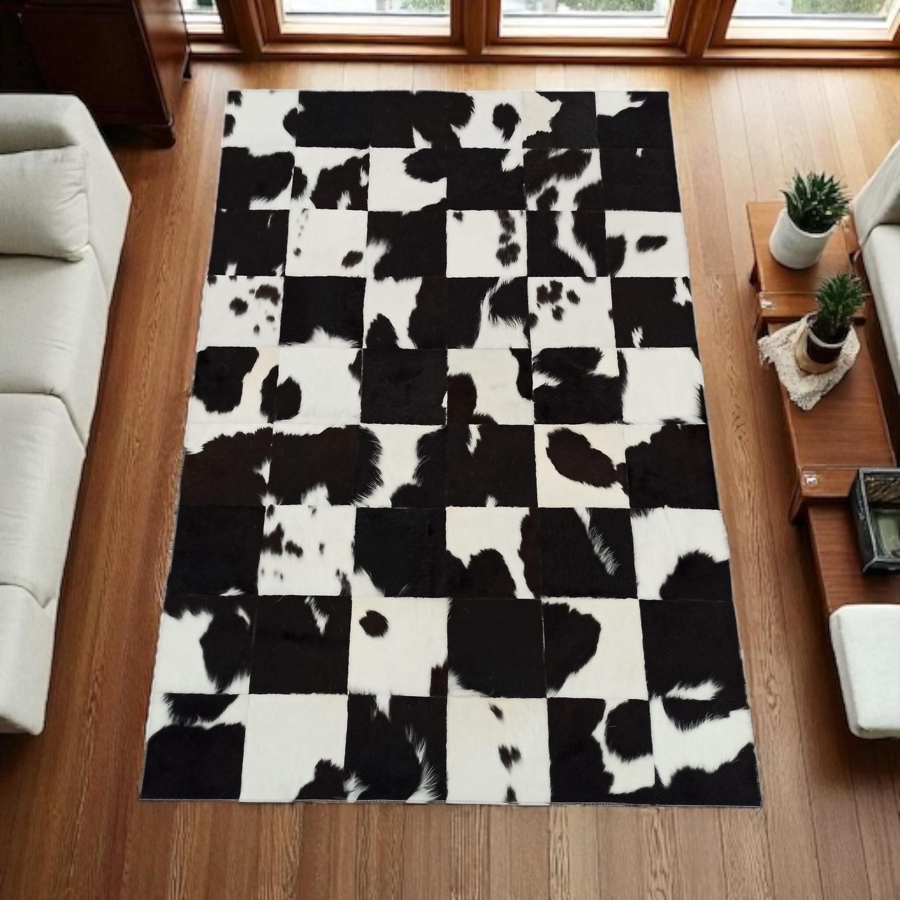 Black White Cowhide Patchwork Rug
