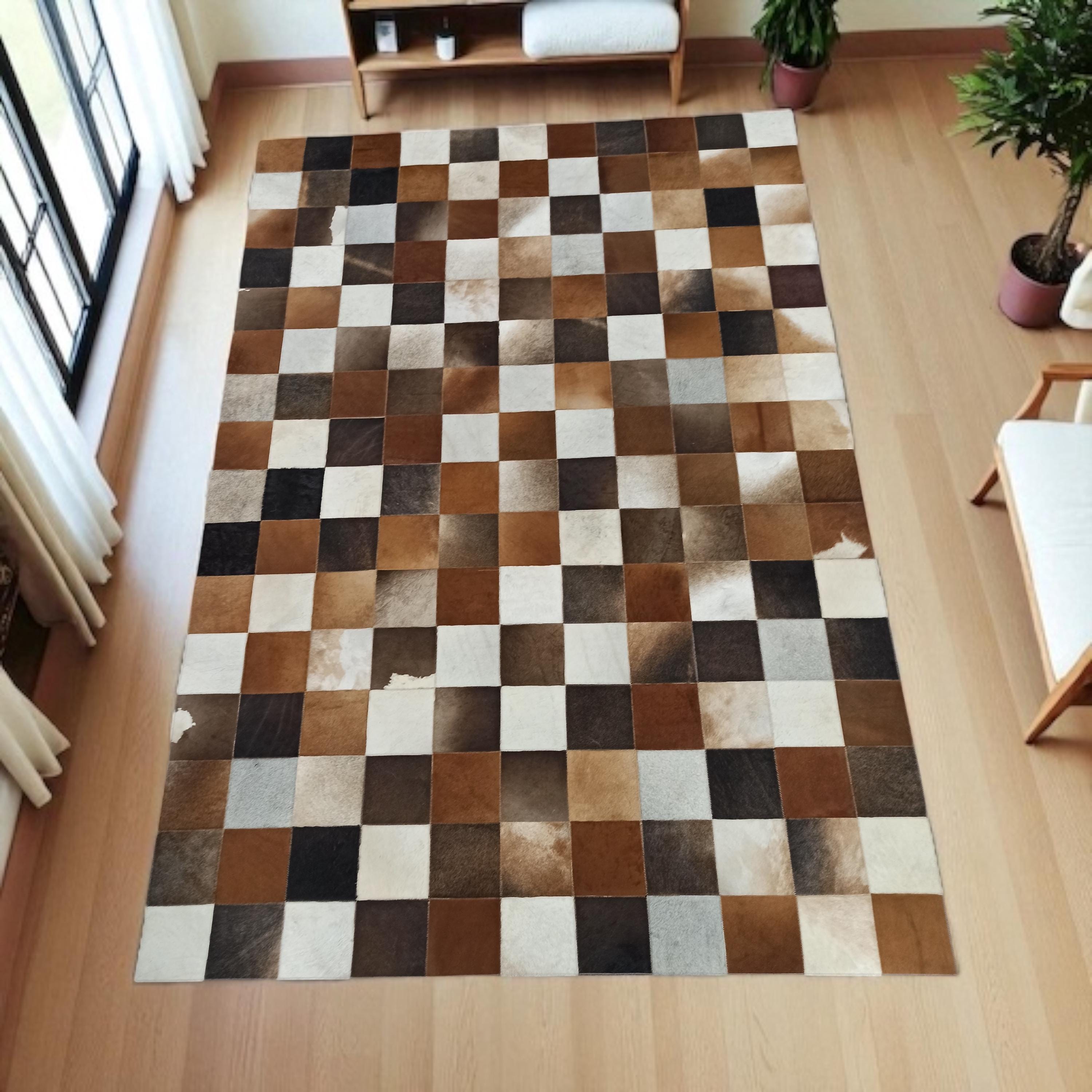 Brown White Cowhide Patchwork Rug