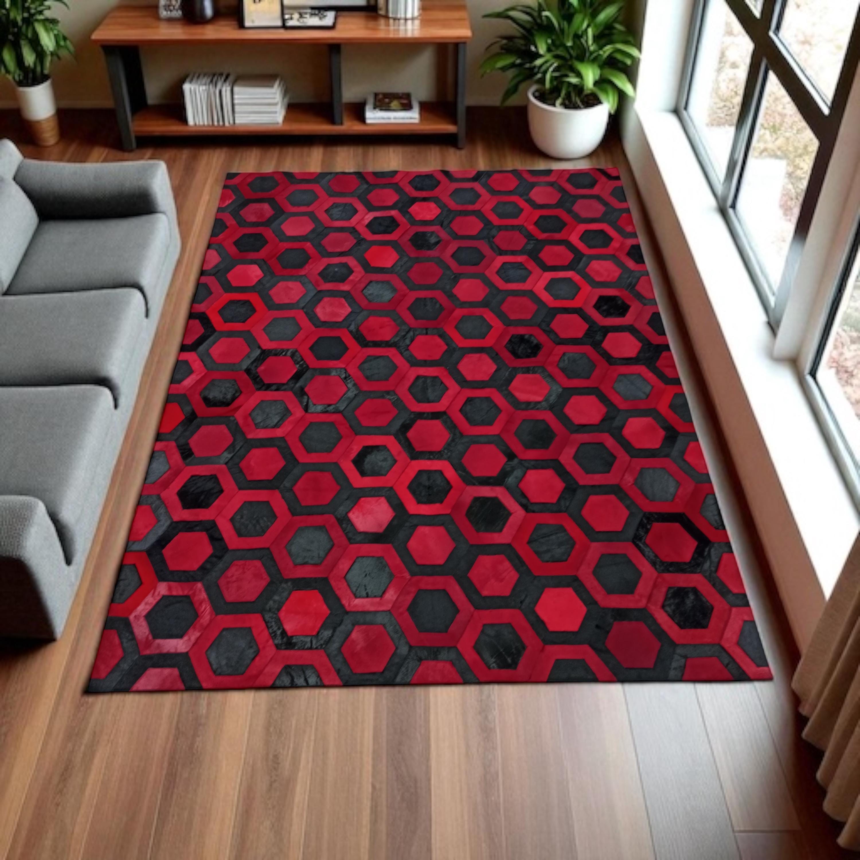 Hexagon Red Black Cowhide Rug