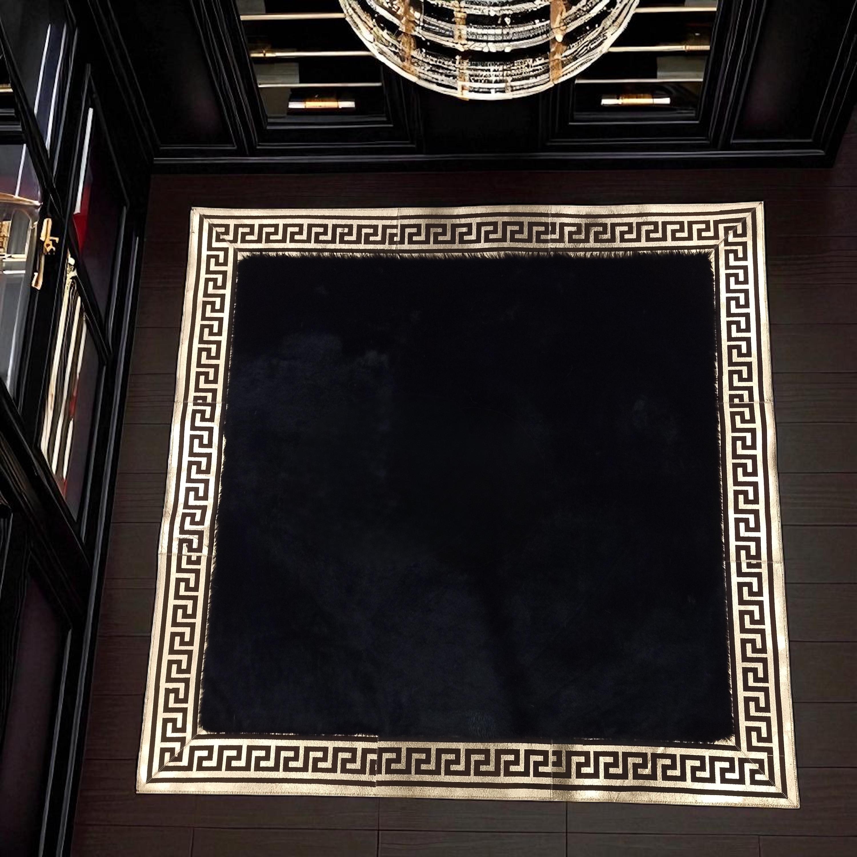 Black plush area rug in room