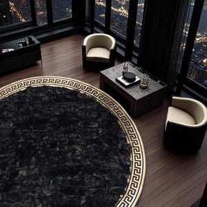 Black round Tuscan rug in room
