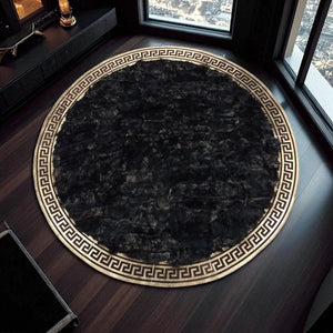 Black round Tuscan rug with Greek key border