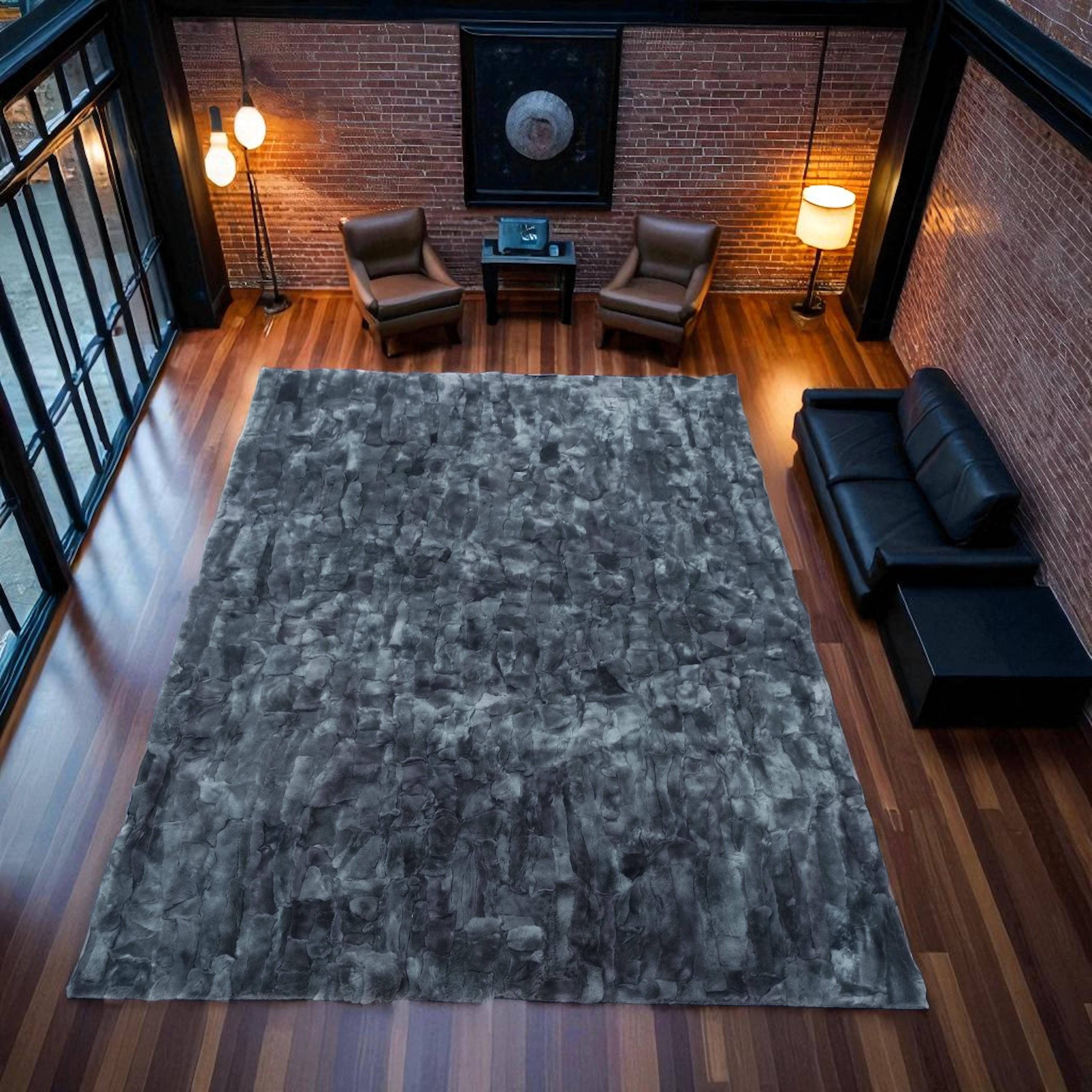 Gray Rex Rabbit Fur Rug, Real Rabbit Hair Carpet, Handmade Shaggy Area Rug, Soft Fluffy Rug for Living Room, Custom Size Available