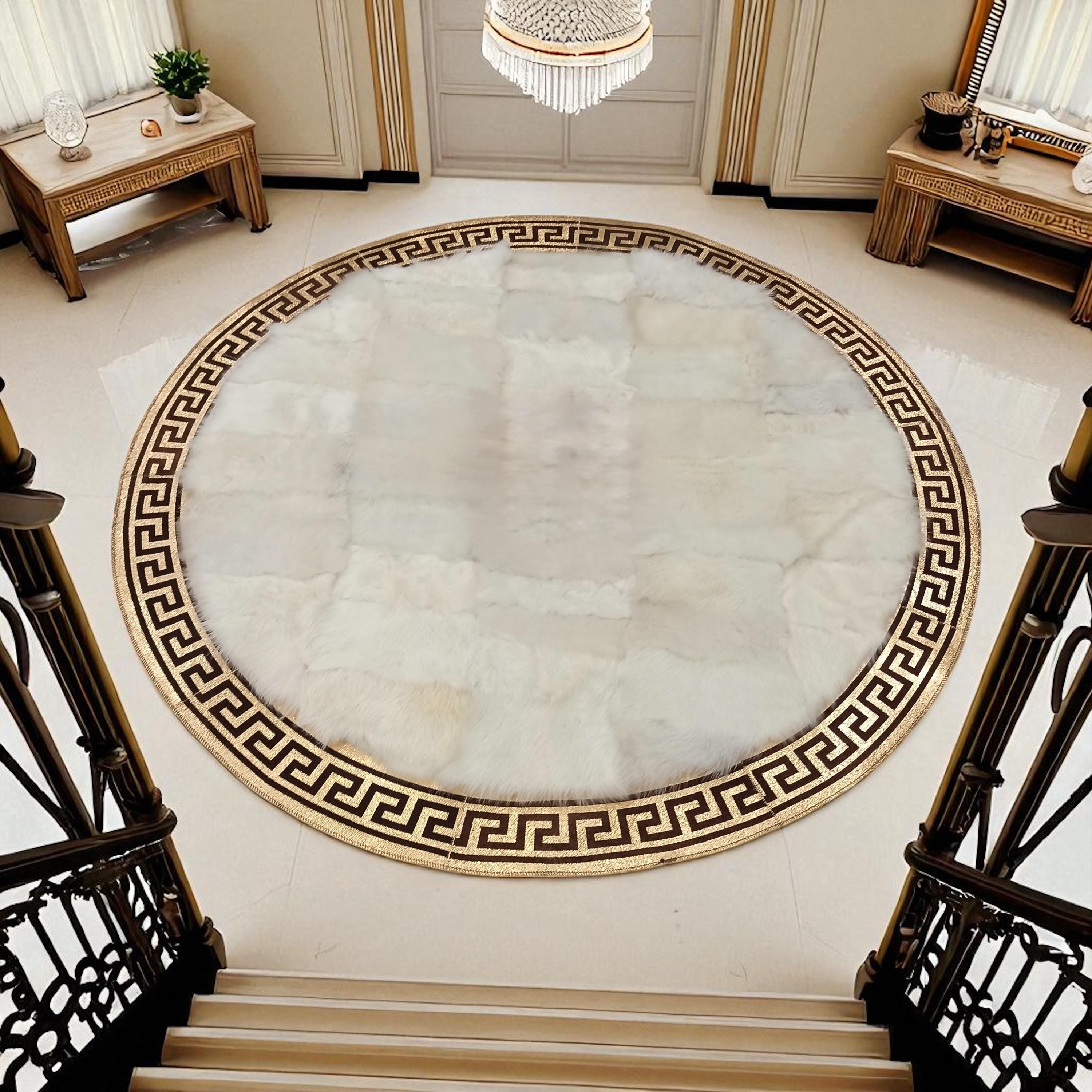 Round Tuscan Area Rug, Handmade Greek Key Circle Carpet, Custom Size Decorative Round Rug