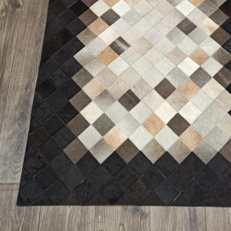 Black Border Cowhide Rug, Diamond Pattern Patchwork Leather Carpet, Natural Cowhide Area Rug, Handmade Rectangular Cowhide Runner