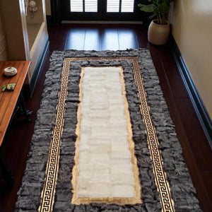 Gray gold Tuscan rug with Greek key border