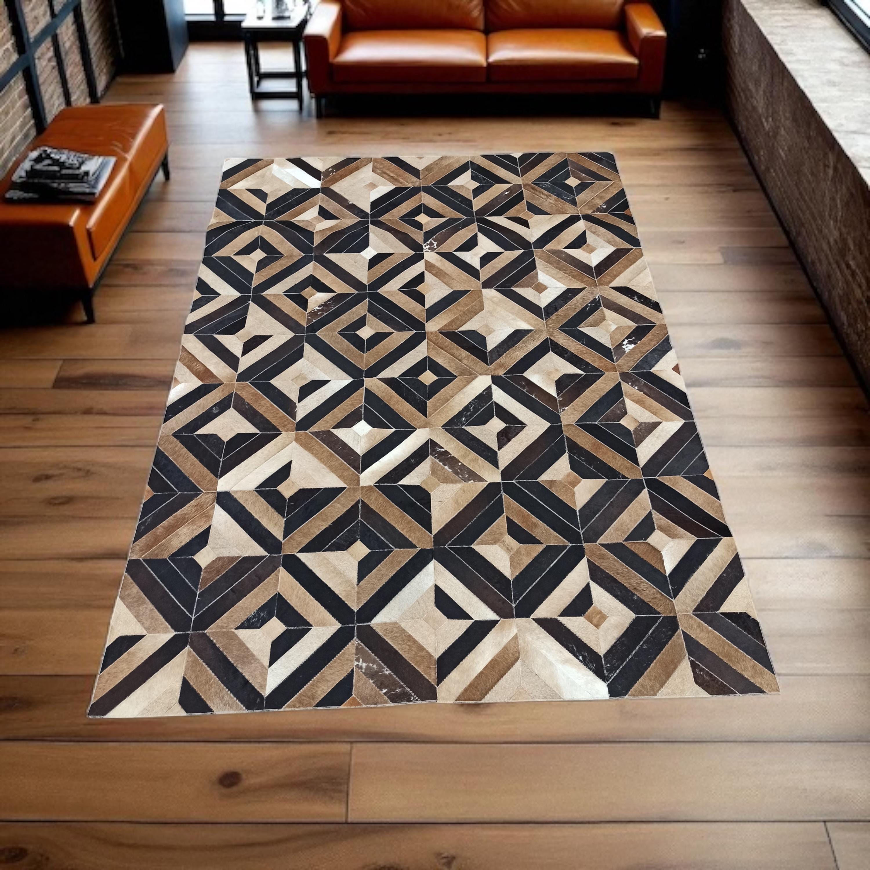 Geometric Brown Cowhide Patchwork Rug
