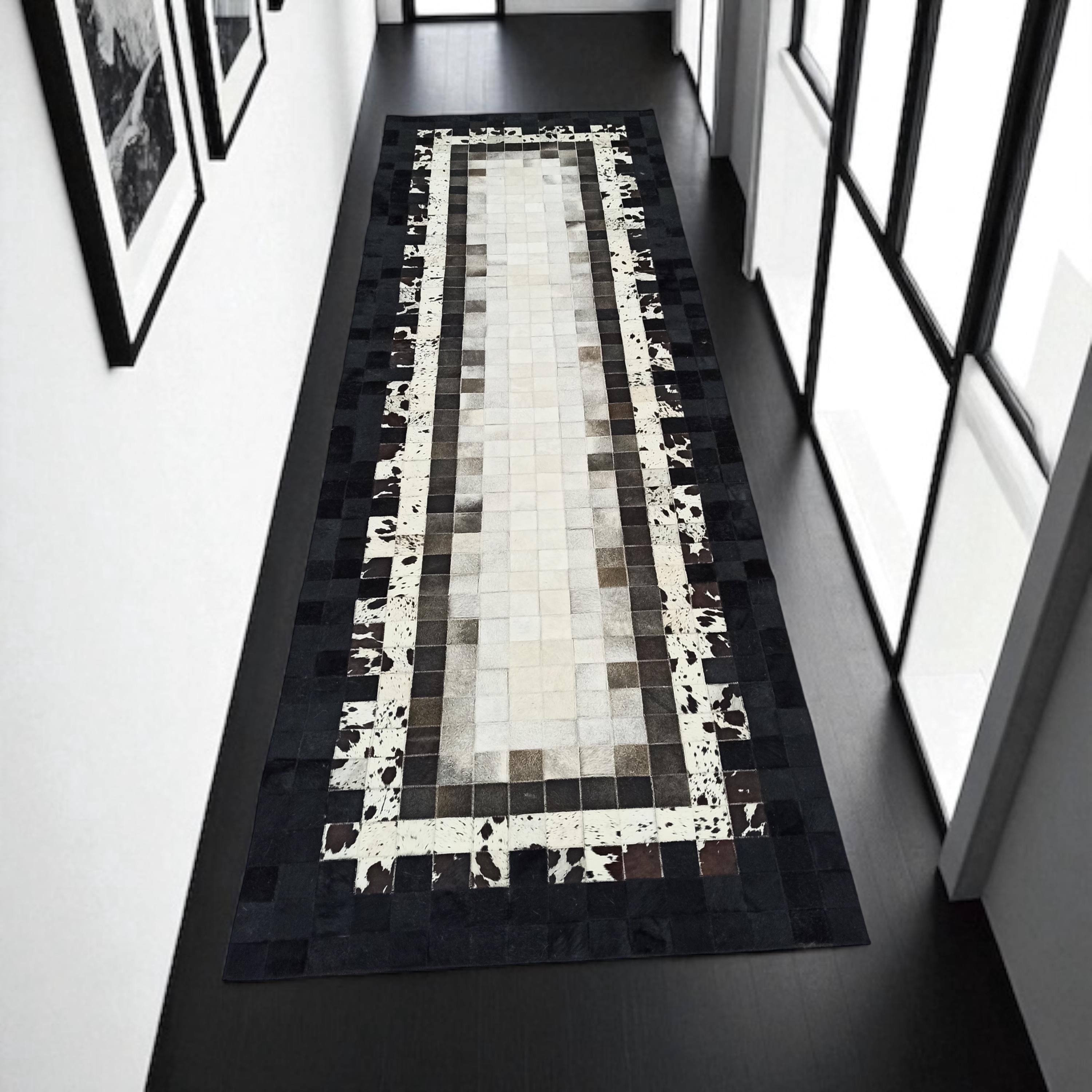 Long Black and White Cowhide Runner Rug