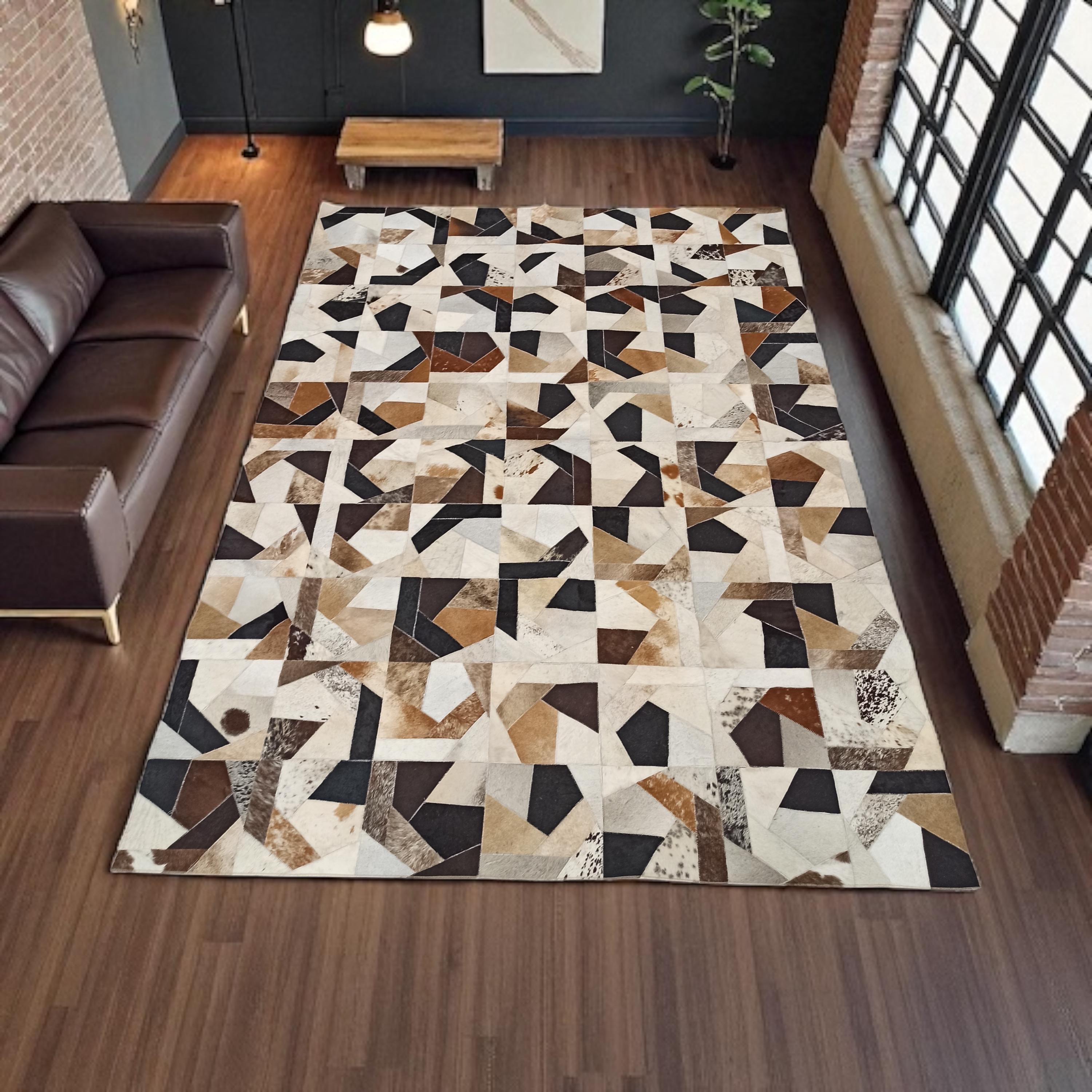 Geometric Light Brown Patchwork Cowhide Rug