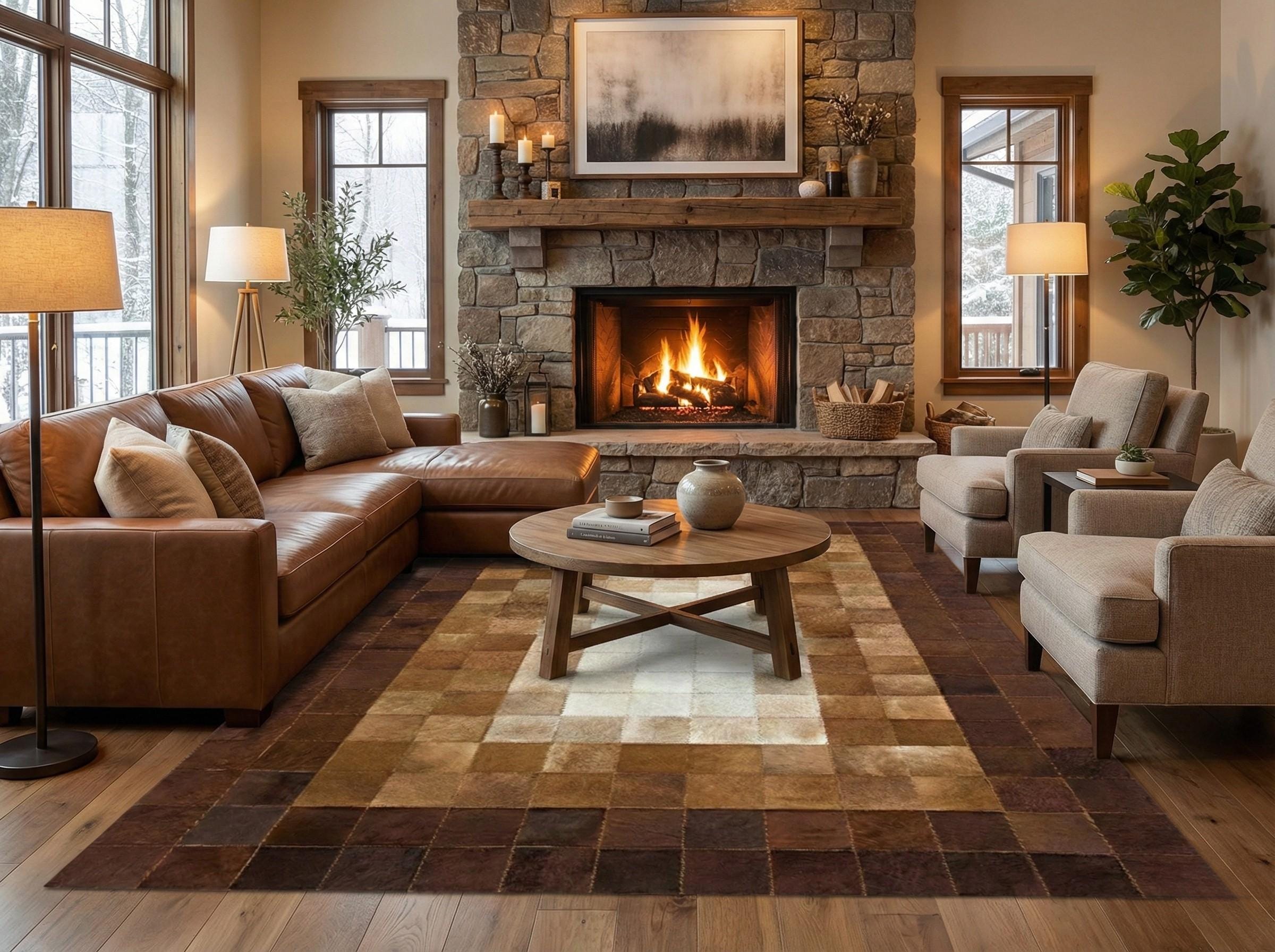 Geometric Patchwork Cowhide Rug, Hair-on-Hide Leather Area Rug