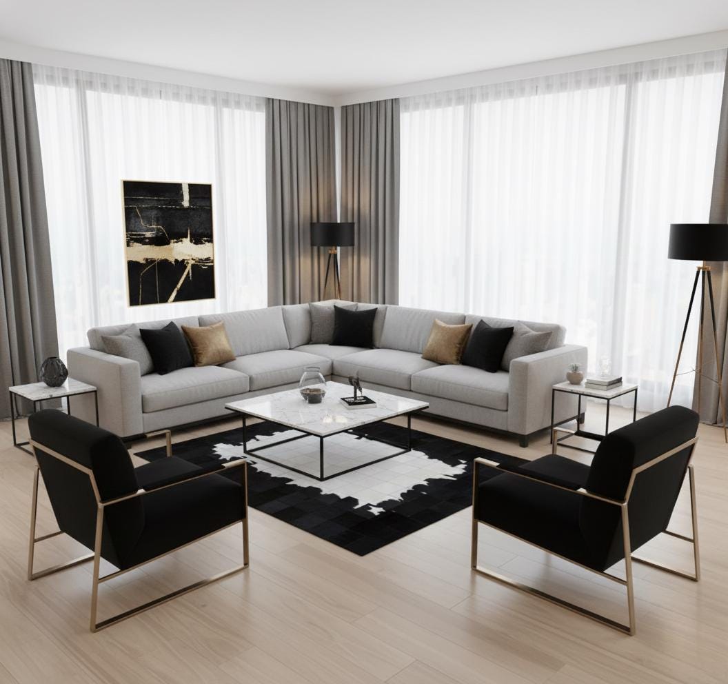 Patchwork Cowhide Area Rug, Modern Black and White Geometric Leather
