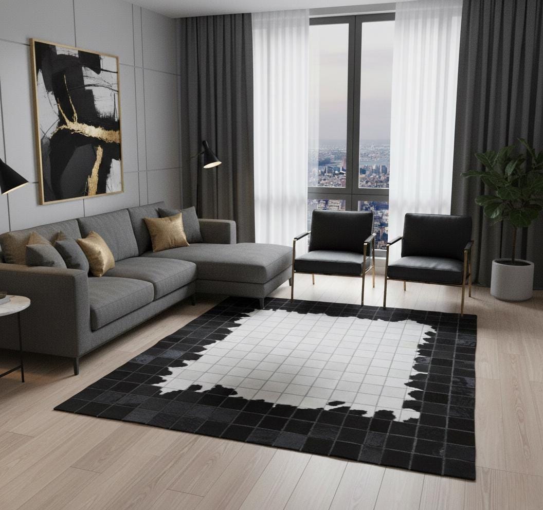 Patchwork Cowhide Area Rug, Modern Black and White Geometric Leather
