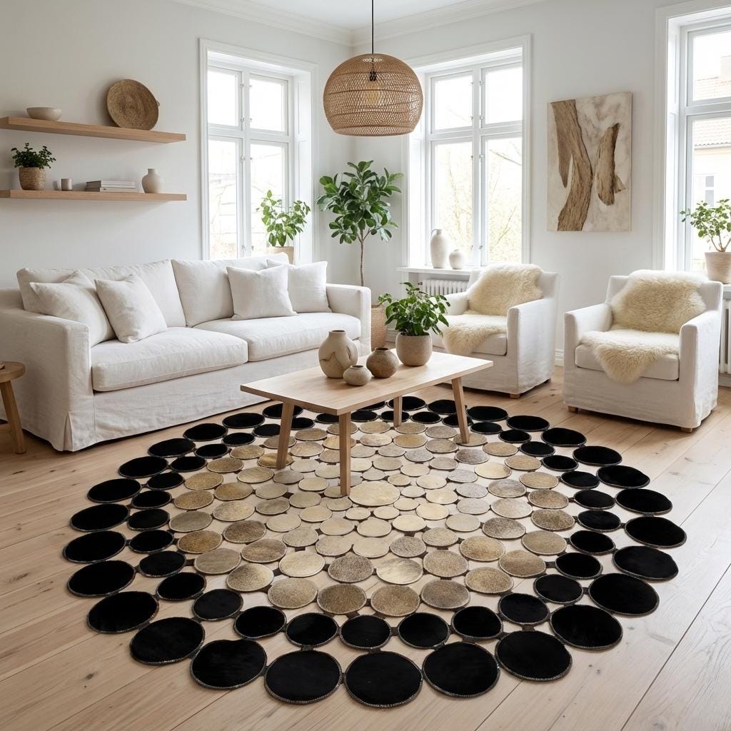 Round Black and Beige Cowhide Patchwork Rug, Multicolor Leather Area Rug