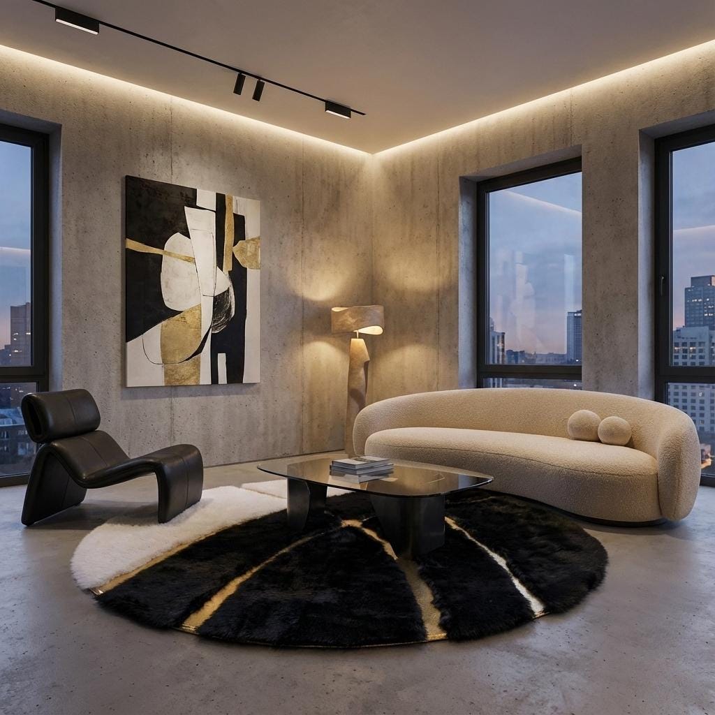 Black and white round plush rug gold line geometric