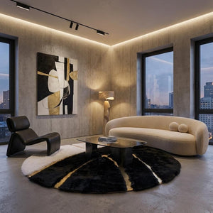 Black and white round plush rug gold line geometric