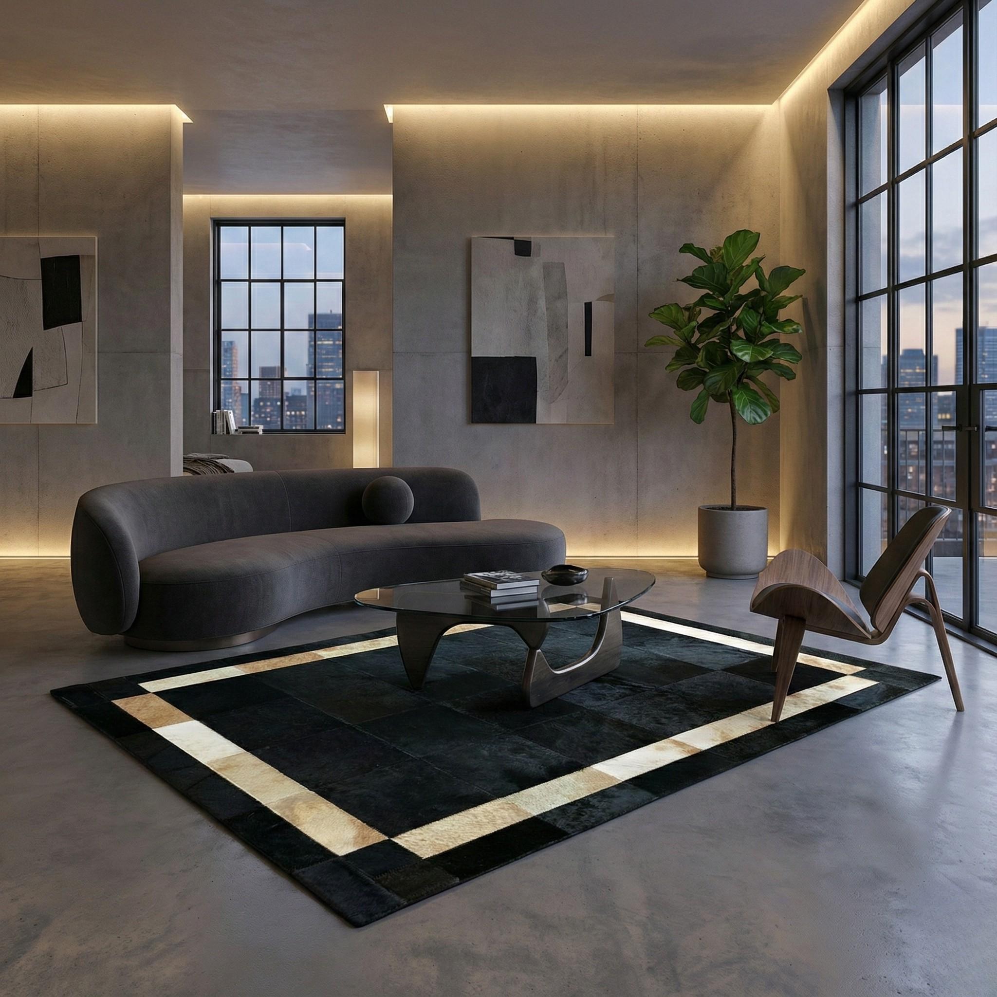 Black Cowhide Rug, Gold Border Area Rug, Luxury Leather Carpet