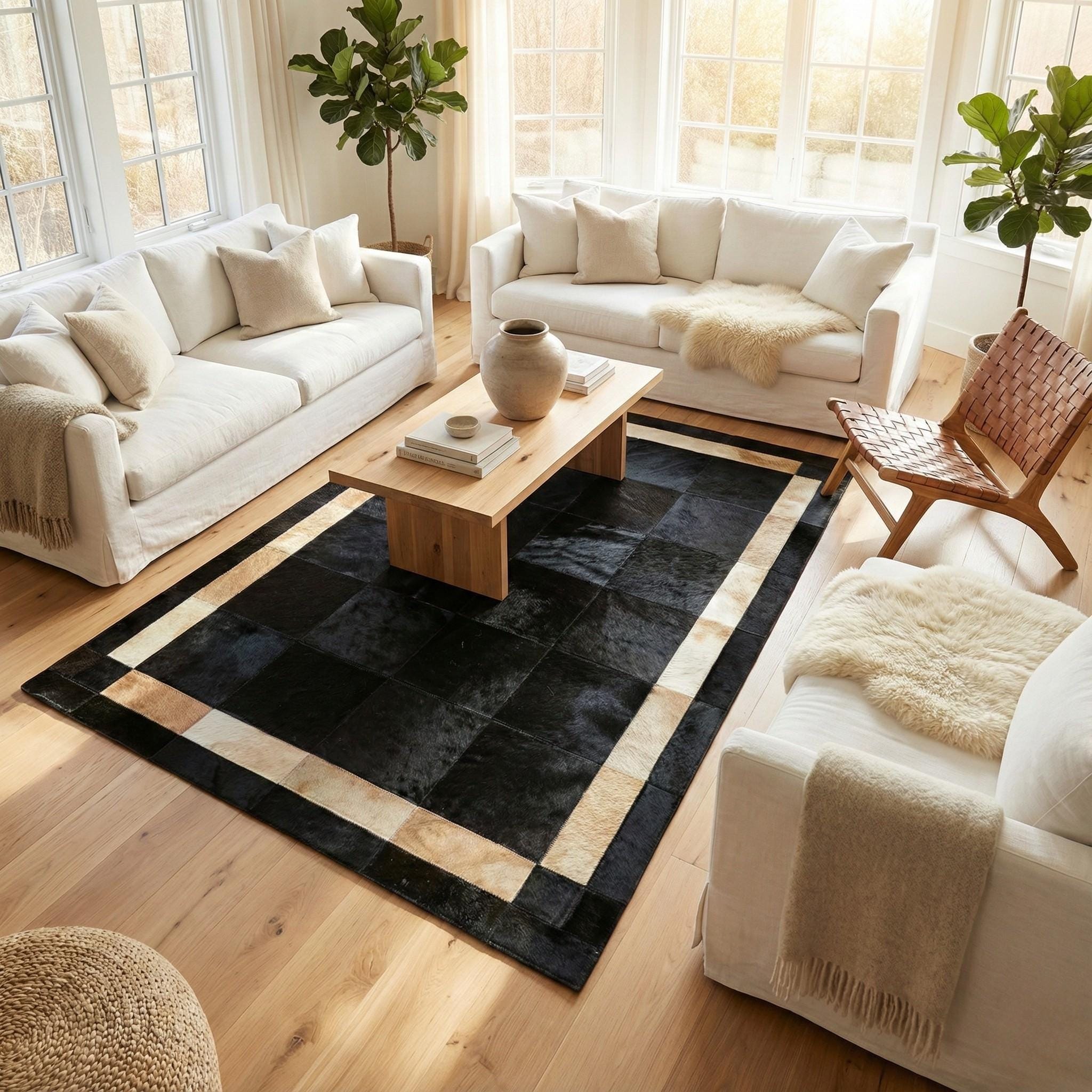 Black Cowhide Rug, Gold Border Area Rug, Luxury Leather Carpet