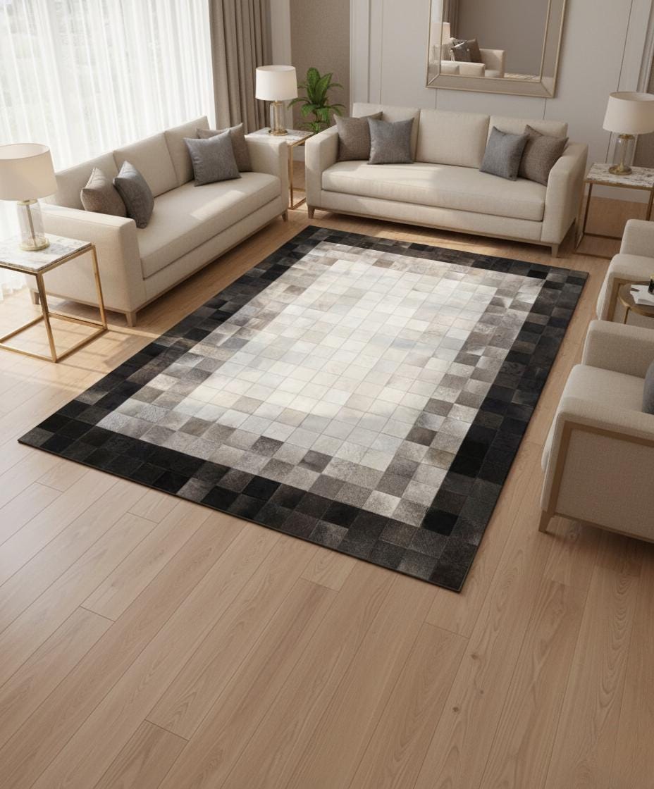 Gray Patchwork Cowhide Area Rug, Modern Leather Area Rug, Custom Size Available
