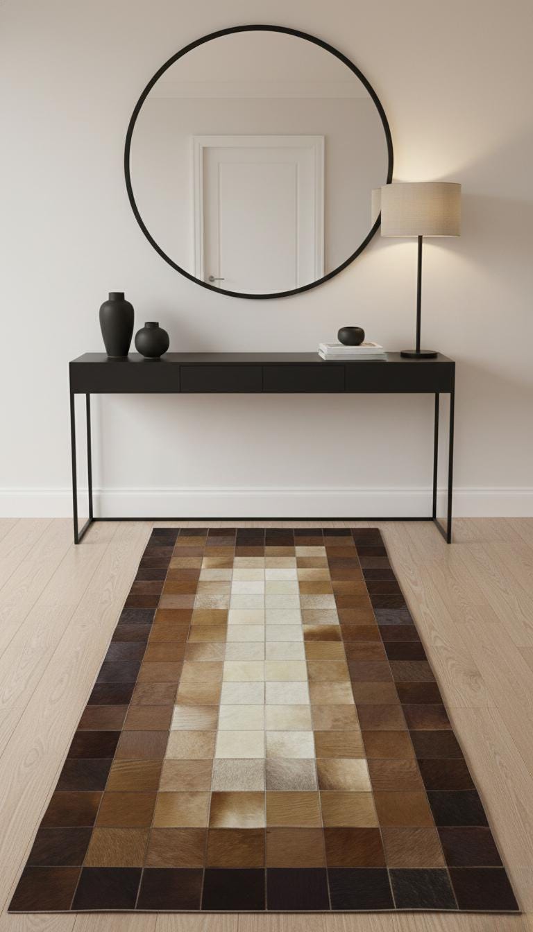 Brown Cowhide Runner Rug, Patchwork Hallway Runner, Brown and White Leather Carpet