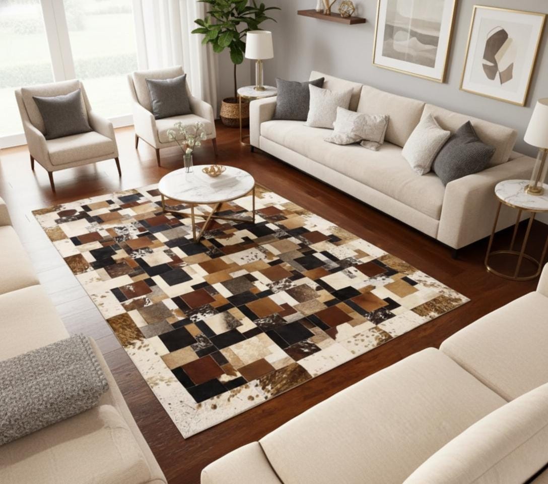 Brown Cowhide Runner Rug, Patchwork Hallway Runner, Ombre Gradient Leather Carpet