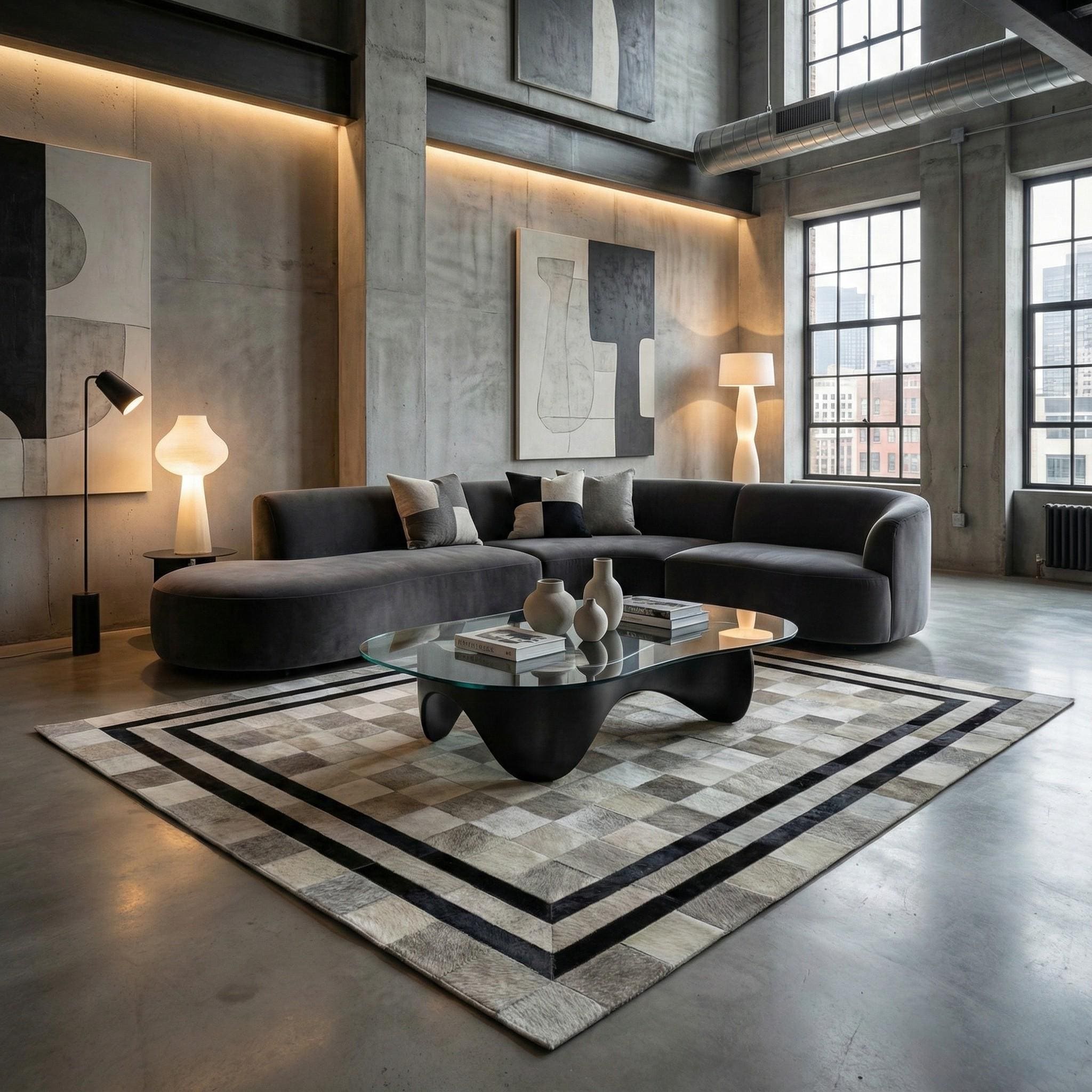 Grey Patchwork Cowhide Rug, Geometric Leather Area Rug, Silver and Black Border Carpet