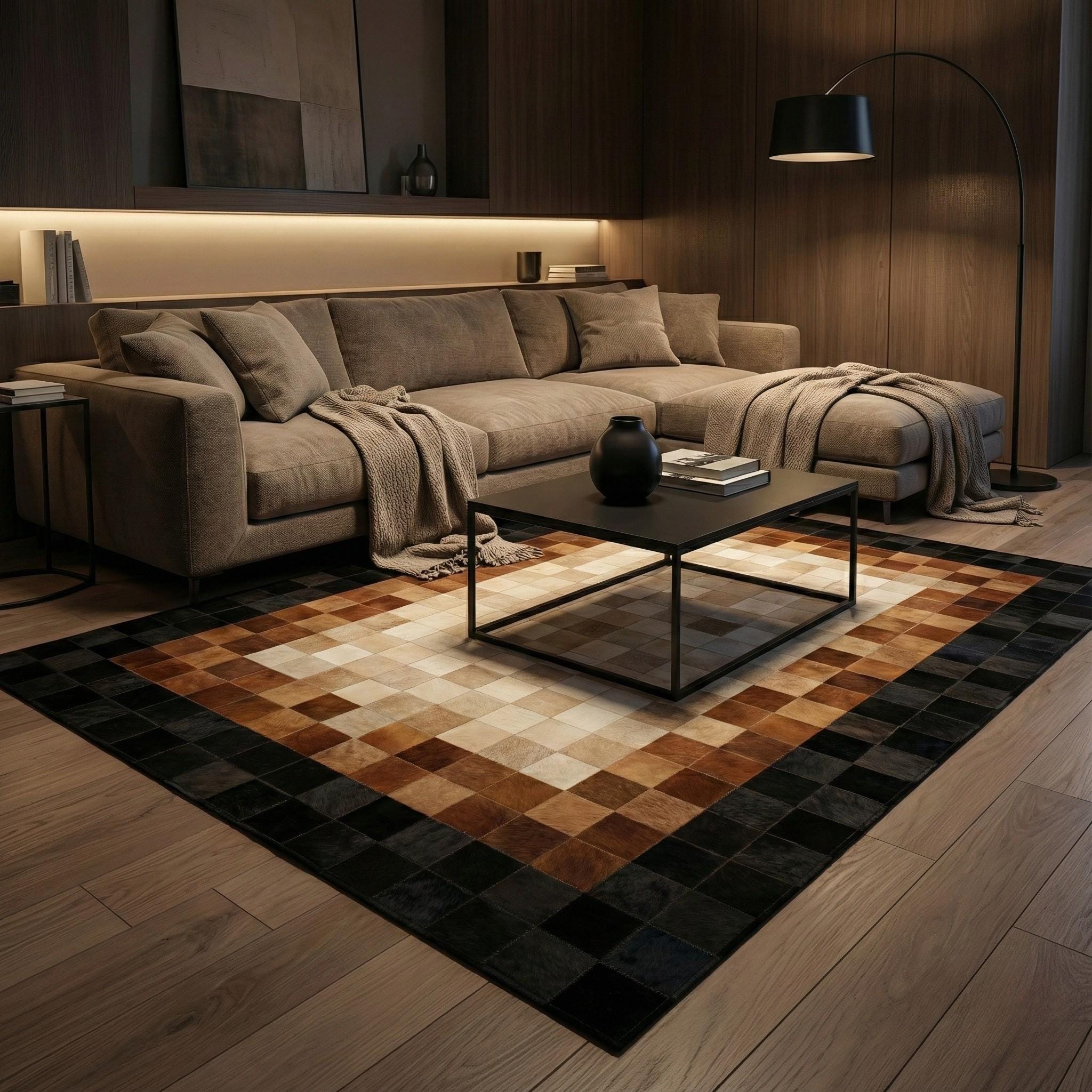 Brown and Black Patchwork Cowhide Rug, Geometric Leather Area Rug