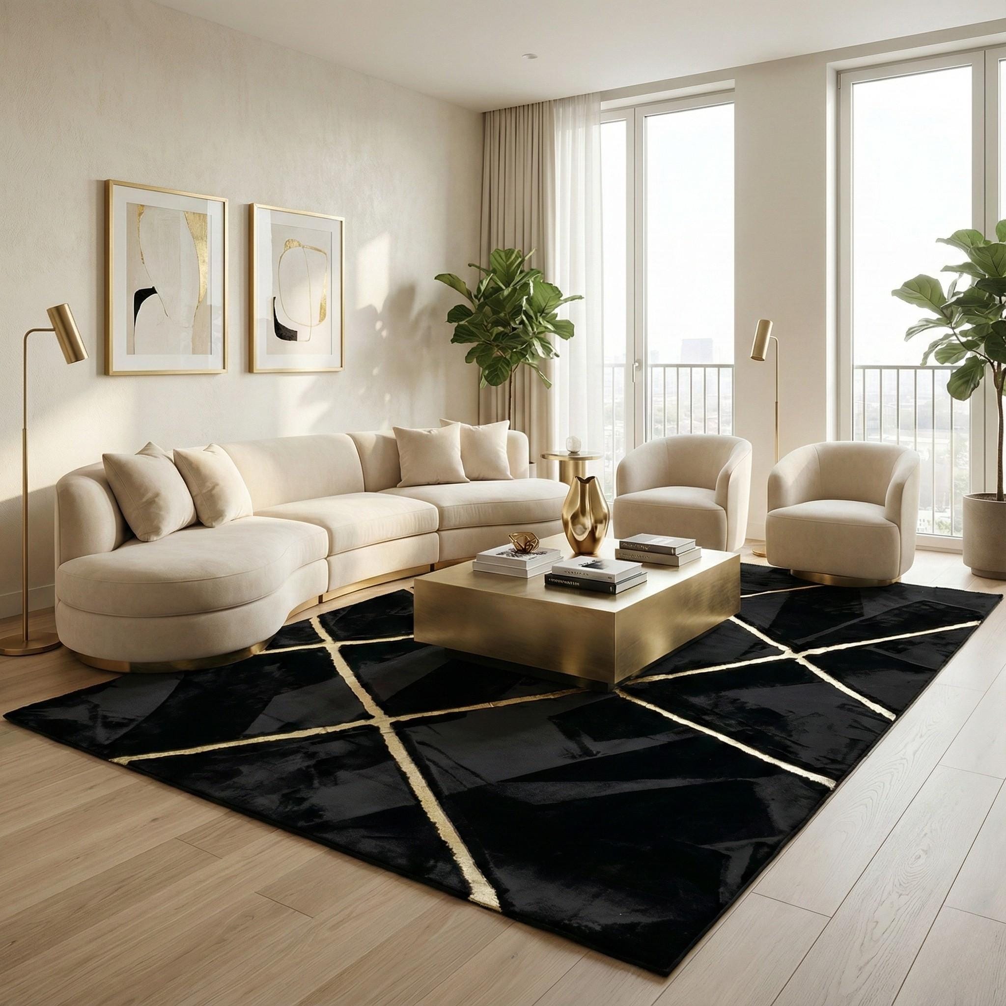 Black and Gold Plush Rug, Modern Geometric Line Area Rug, Luxury Plush Carpet,