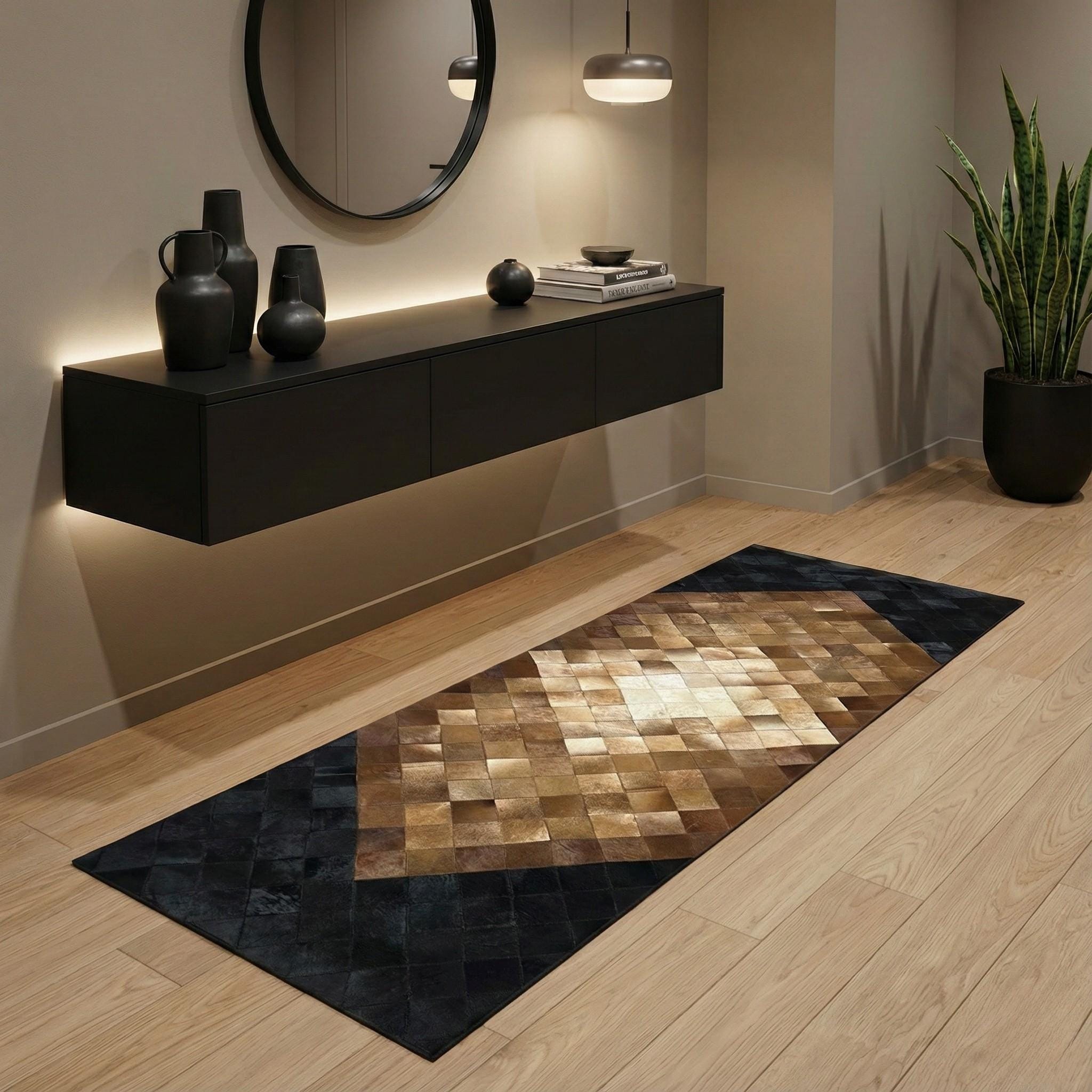 Black and Brown Cowhide Runner Rug, Geometric Patchwork Hallway Carpet