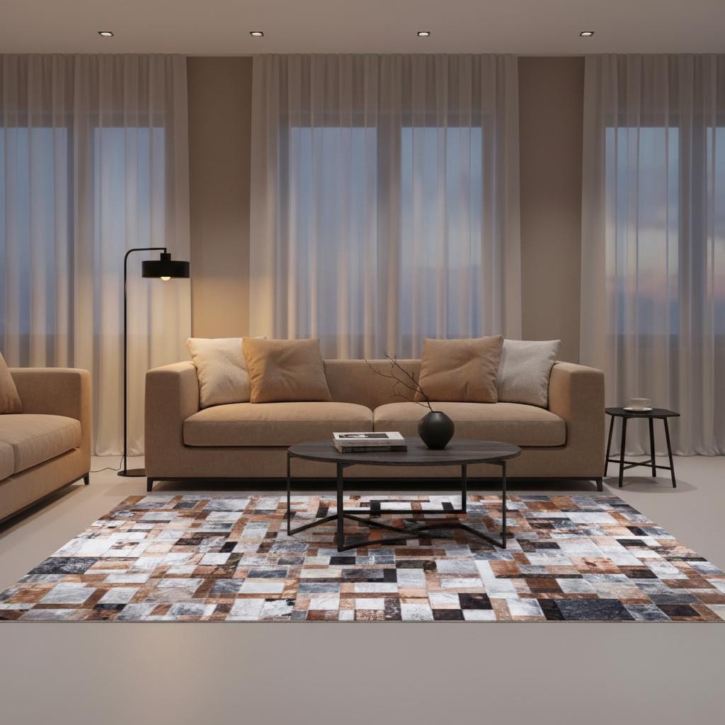 Cowhide Rug, Silver and Copper Patchwork Area Rug, Modern Geometric Leather Carpet