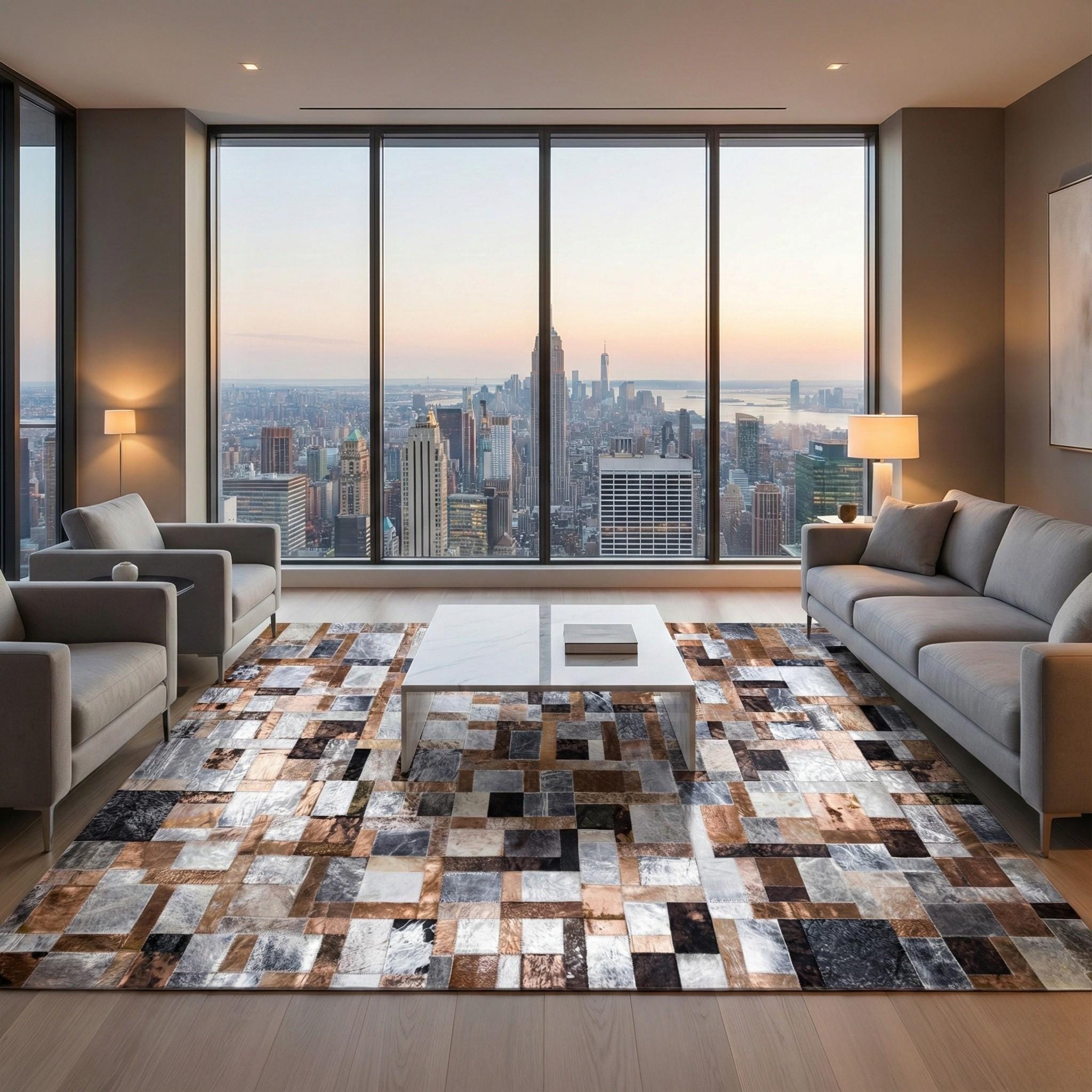 Cowhide Rug, Silver and Copper Patchwork Area Rug, Modern Geometric Leather Carpet