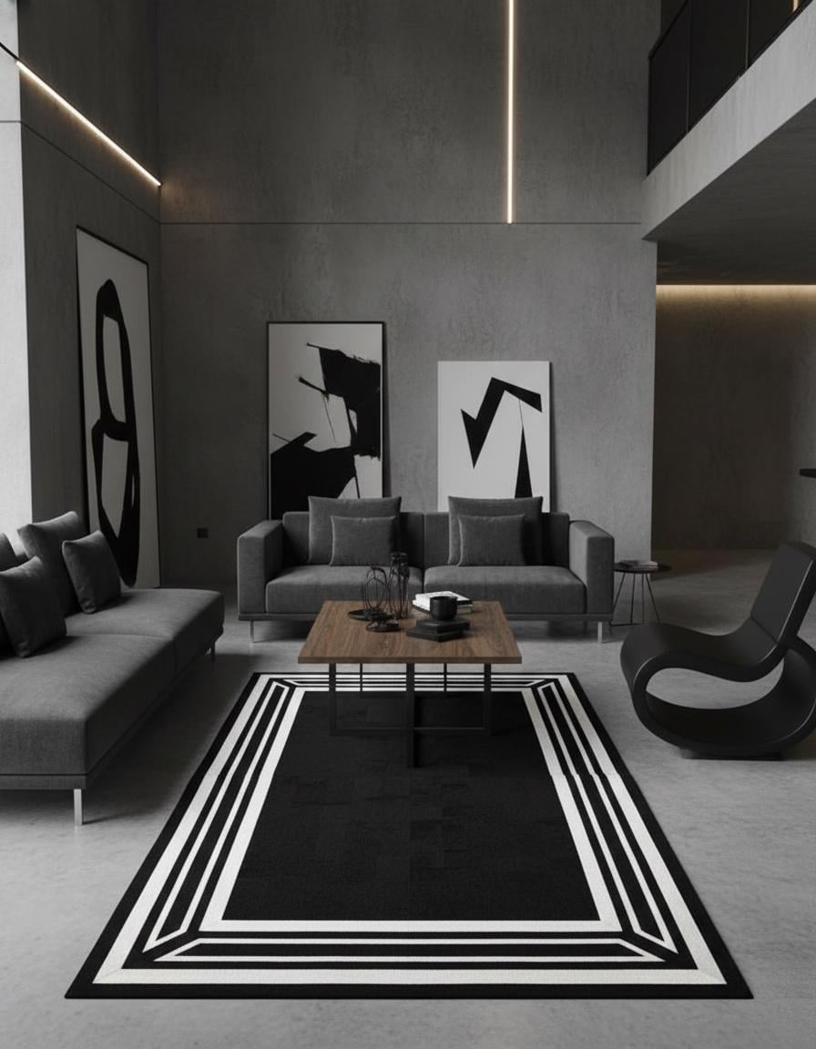 Black and White Cowhide Rug, Modern Geometric Area Rug, Minimalist Hair on Hide Carpet