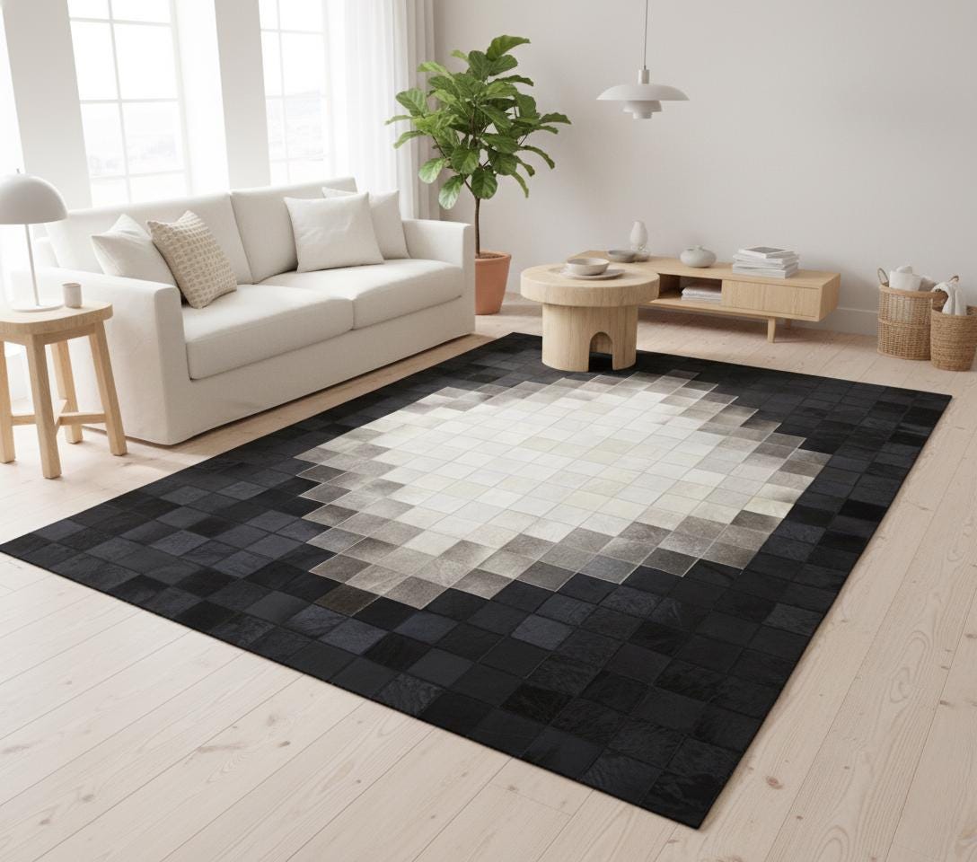 Black and White Cowhide Rug, Modern Geometric Area Rug