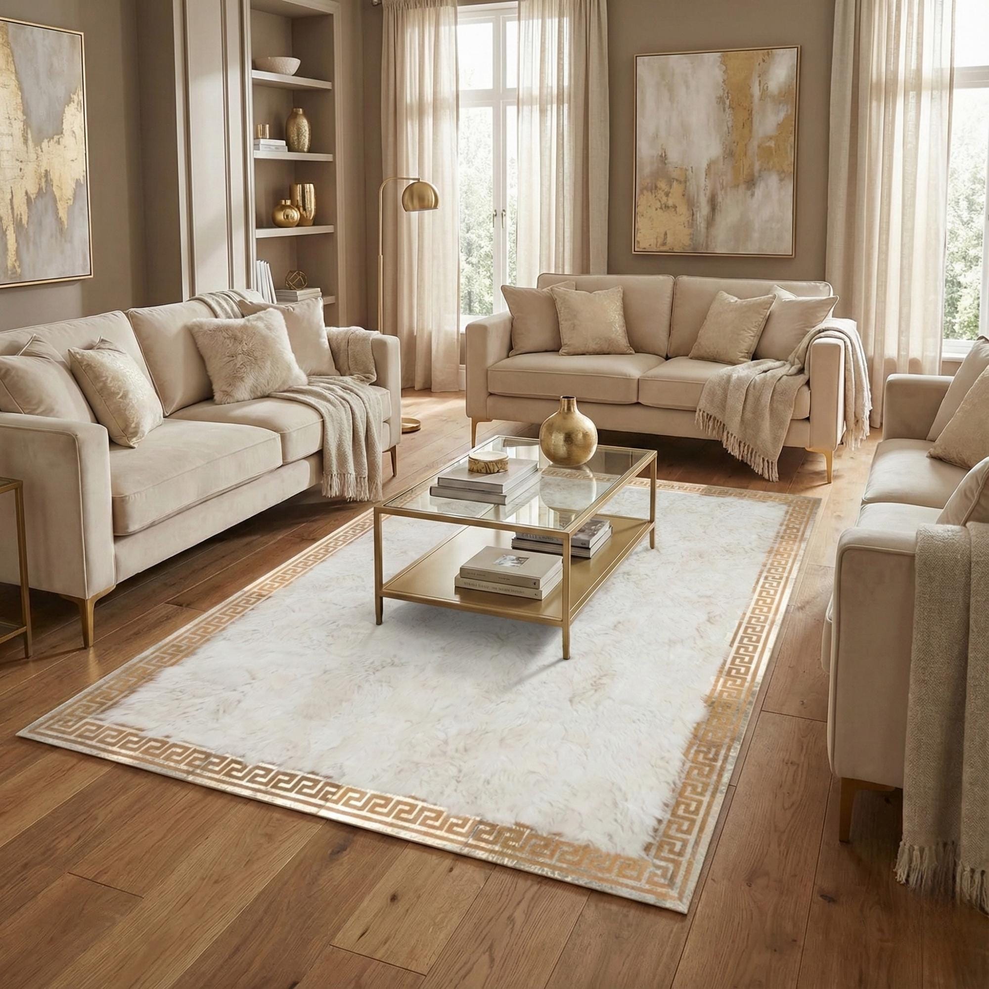 White and Gold Tuscan Rug, Geometric Border Area Rug, White Tuscan Fur Rug