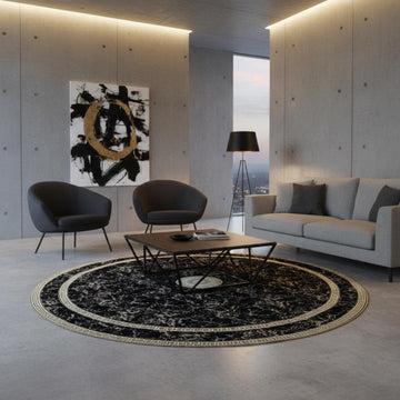 Black and Gold Round Plush Rug, Luxury Geometric Border Circle Carpet