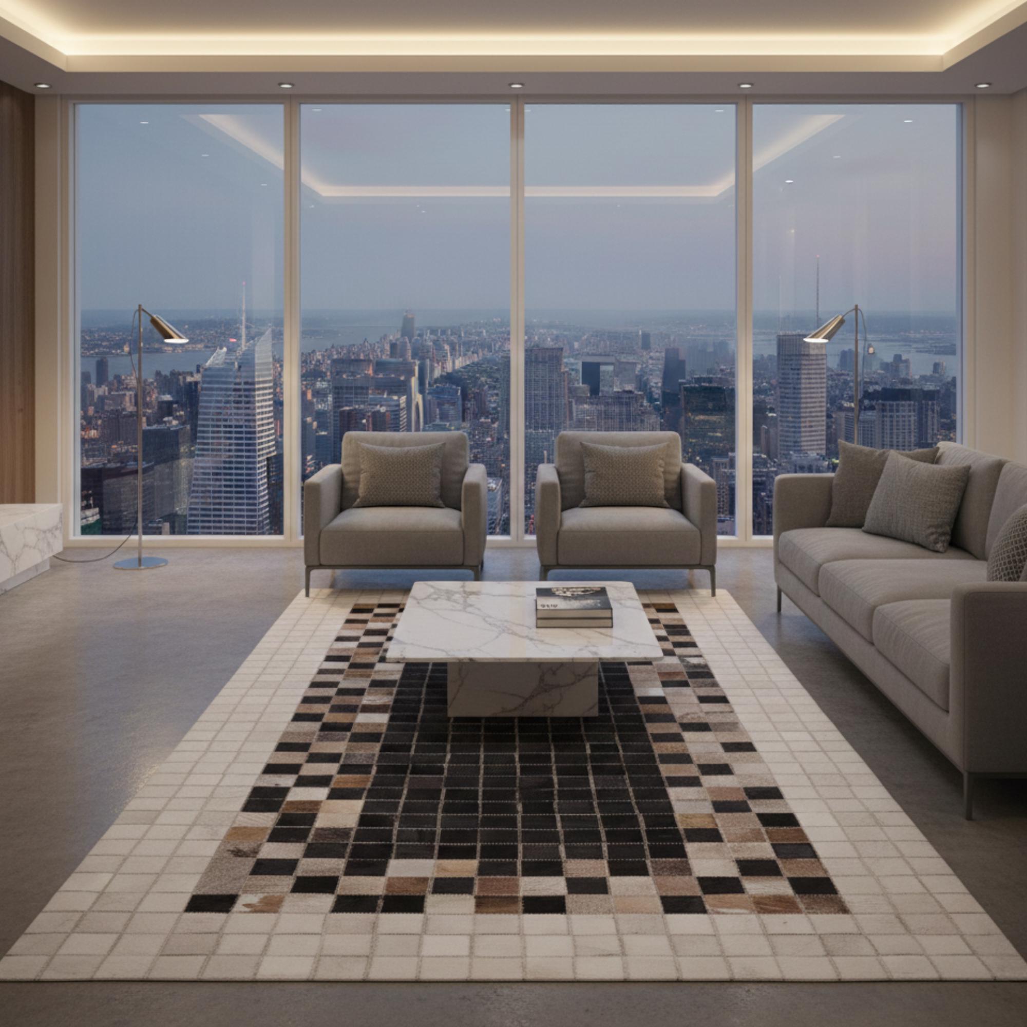 Cream and Brown Cowhide Rug, Geometric Checkerboard Patchwork