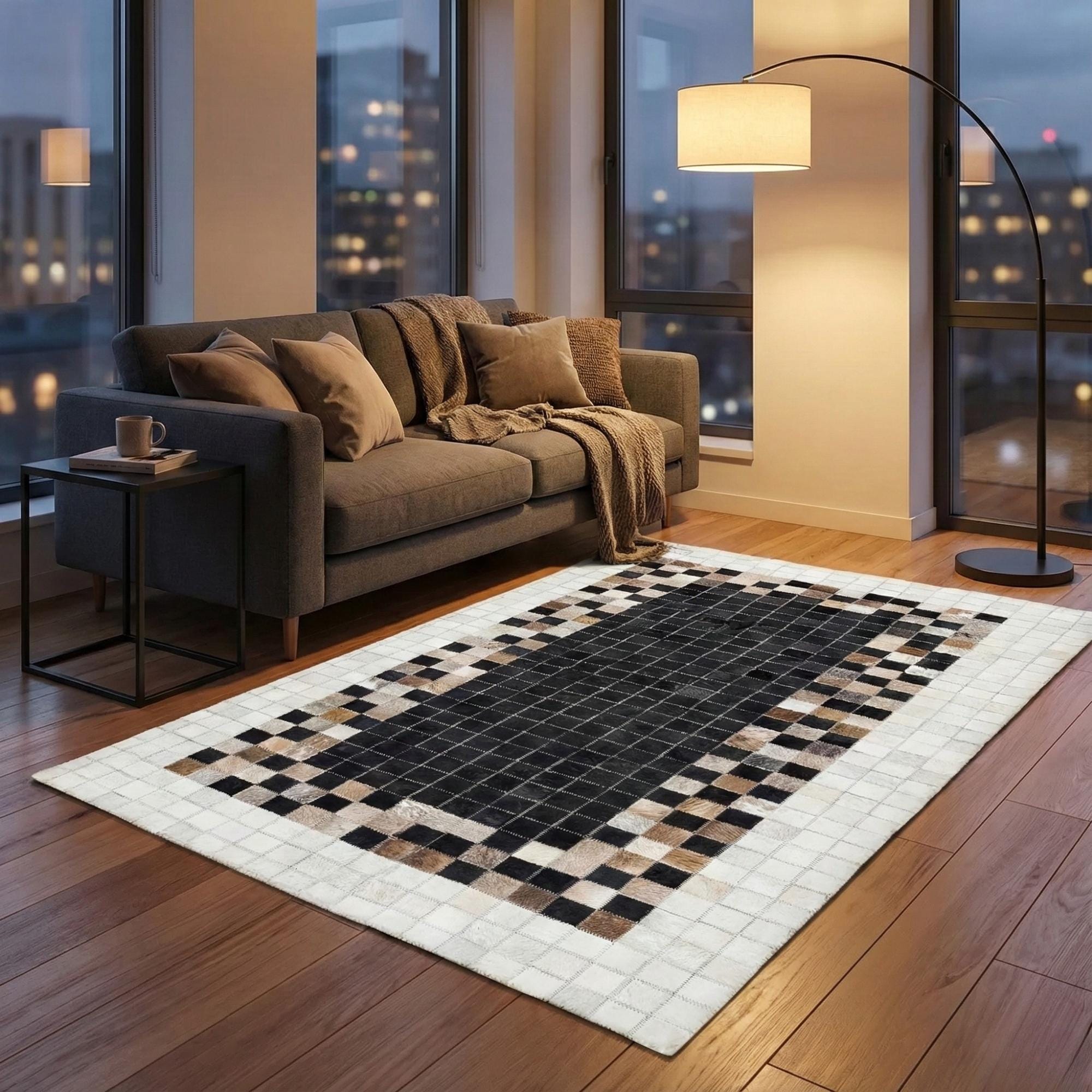Cream and Brown Cowhide Rug, Geometric Checkerboard Patchwork