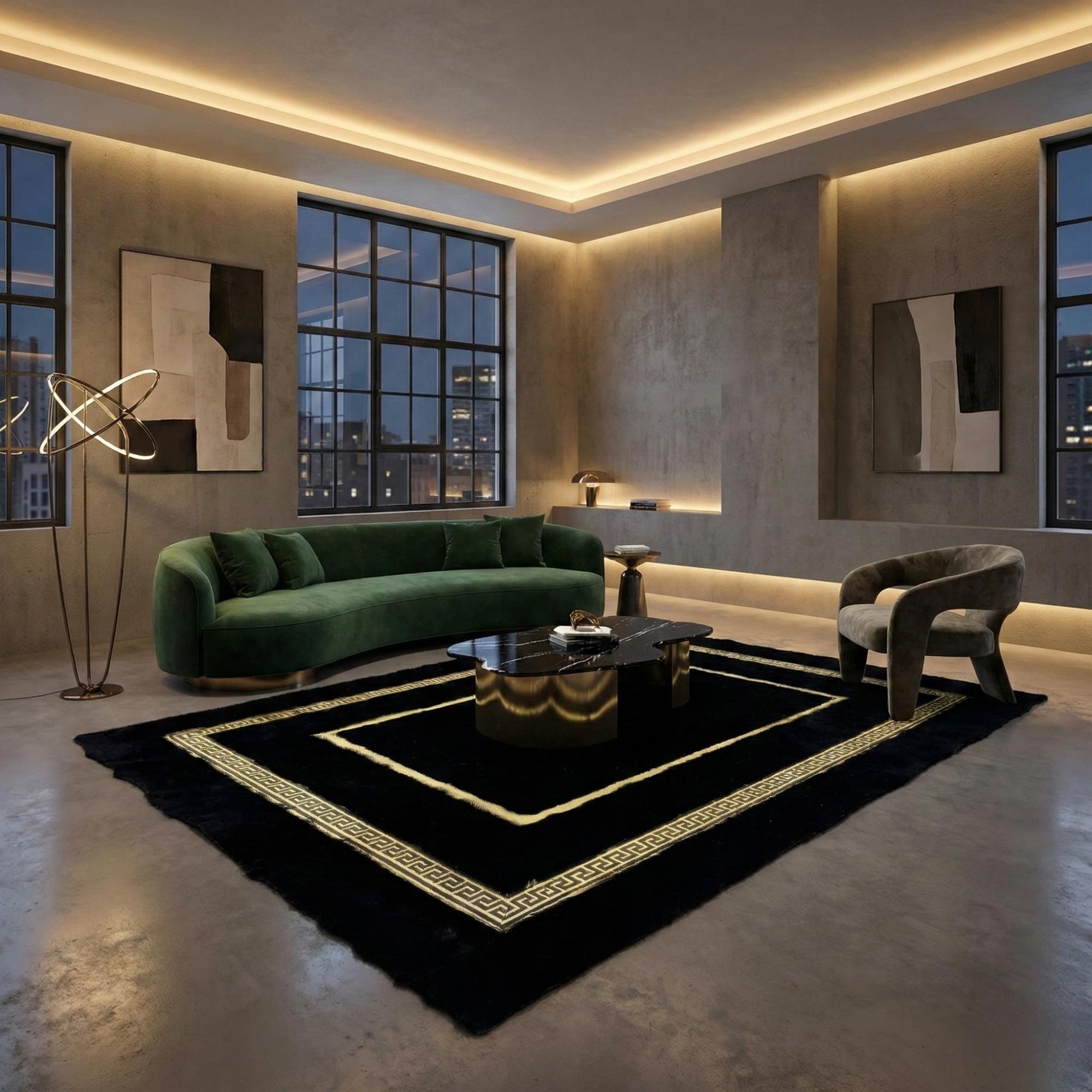 Black and Gold Plush Rug, Luxury Geometric Border Area Rug, Modern Faux Fur Carpet